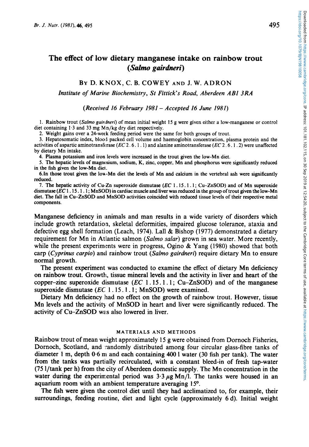The effect of low dietary manganese intake on rainbow trout (Salmo gairdneri) by D. Knox C. B. Cowey & J. W. Adron