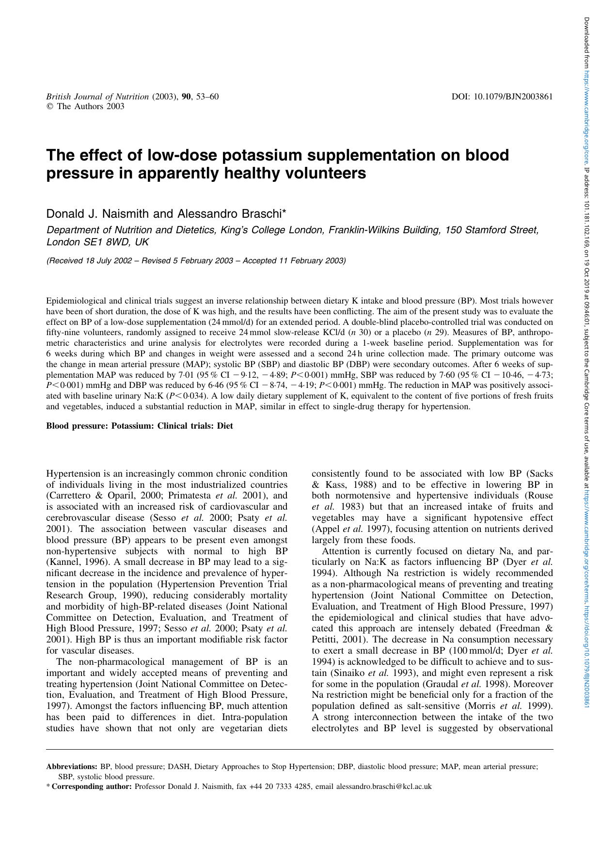 The effect of low-dose potassium supplementation on blood pressure in apparently healthy volunteers by Donald J. Naismith Alessandro Braschi