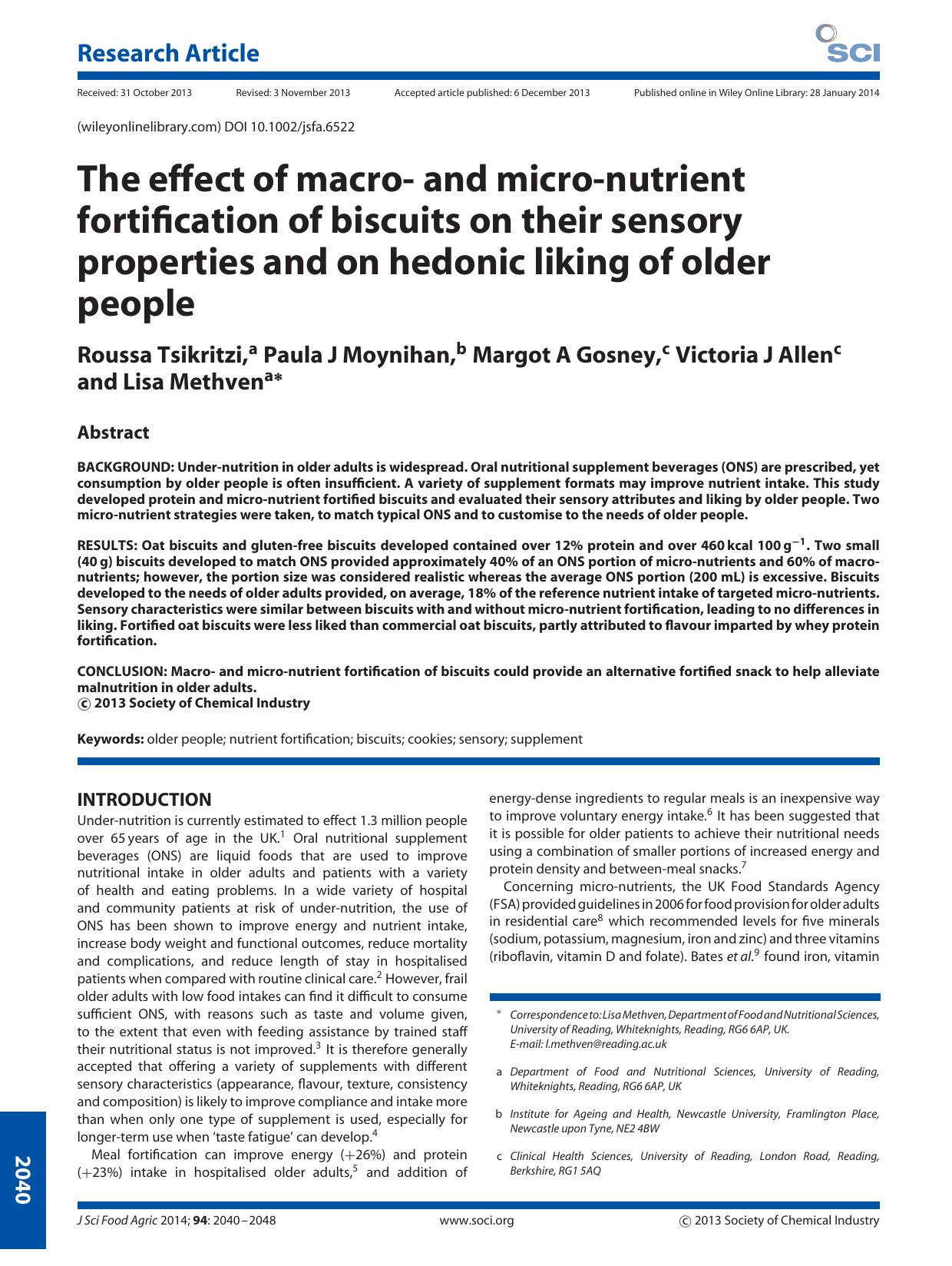 The effect of macro and micronutrient fortification of biscuits on their sensory properties and on hedonic liking of older people by Unknown