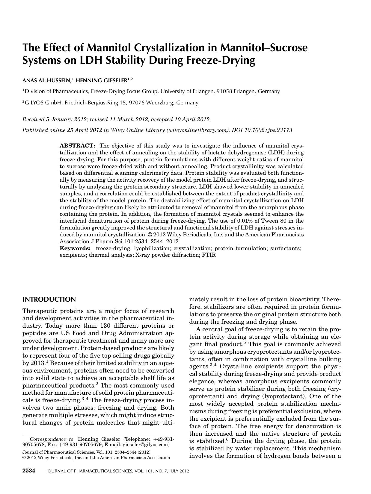 The effect of mannitol crystallization in mannitolsucrose systems on LDH stability during freezedrying by Unknown