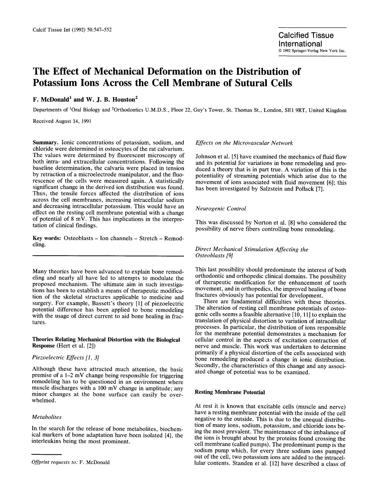 The effect of mechanical deformation on the distribution of potassium ions across the cell membrane of sutural cells by Unknown