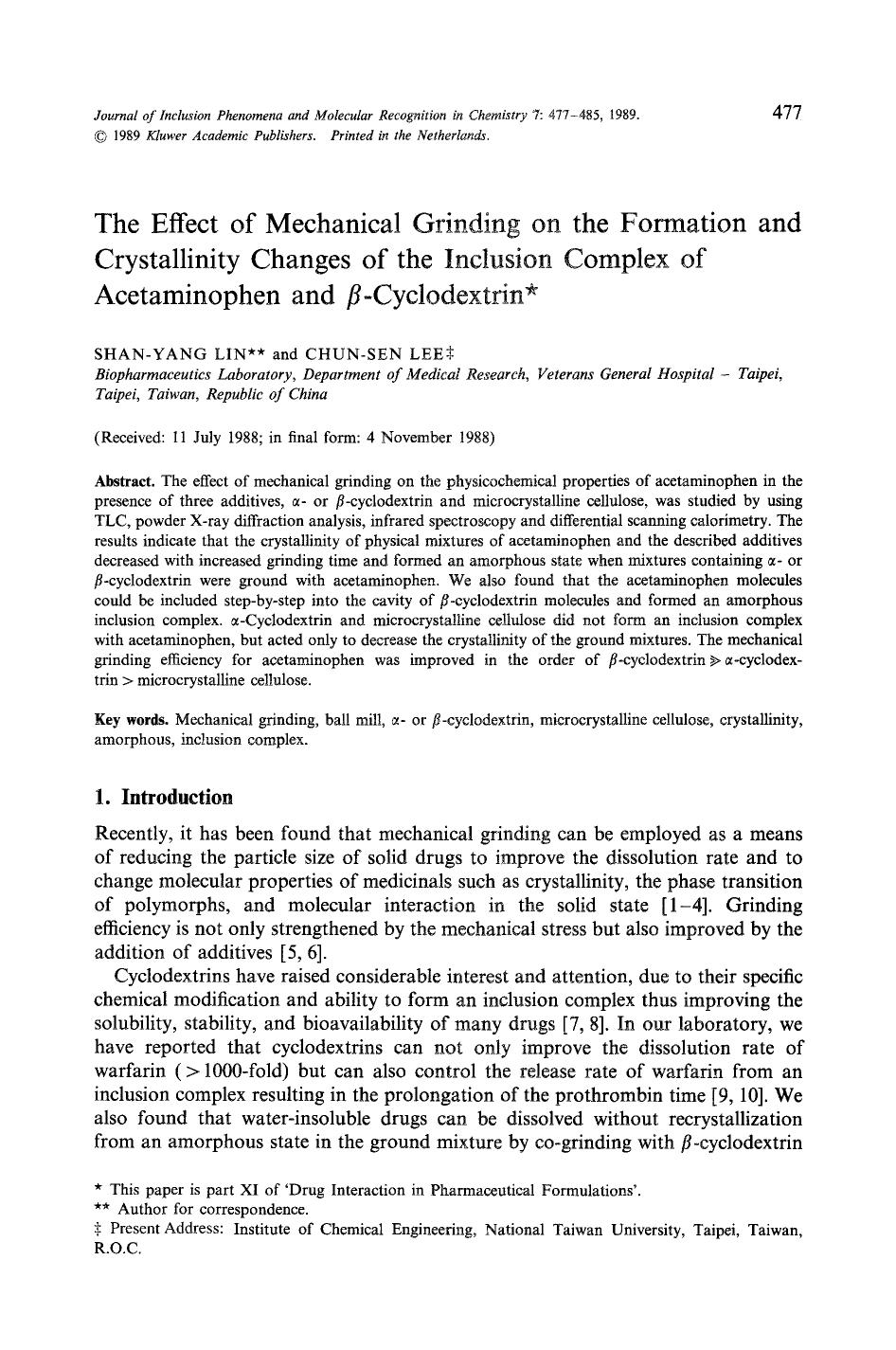 The effect of mechanical grinding on the formation and crystallinity changes of the inclusion complex of acetaminophen and <Emphasis Type="Italic">&#x03B2; <Emphasis>-cyclodextrin by Unknown