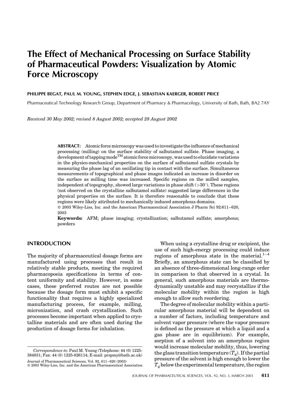 The effect of mechanical processing on surface stability of pharmaceutical powders: Visualization by atomic force microscopy by Unknown