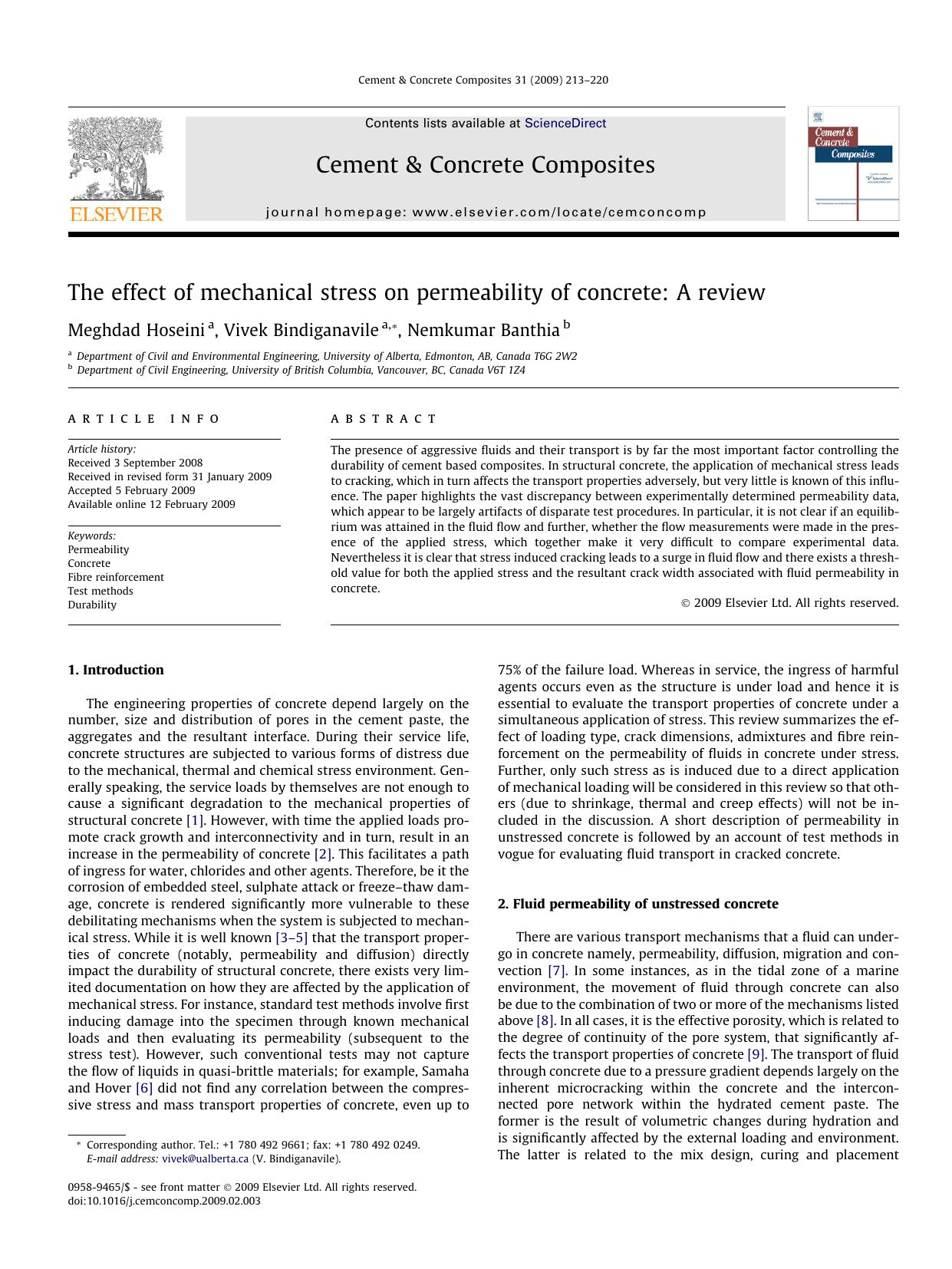 The effect of mechanical stress on permeability of concrete: A review by Meghdad Hoseini; Vivek Bindiganavile; Nemkumar Banthia