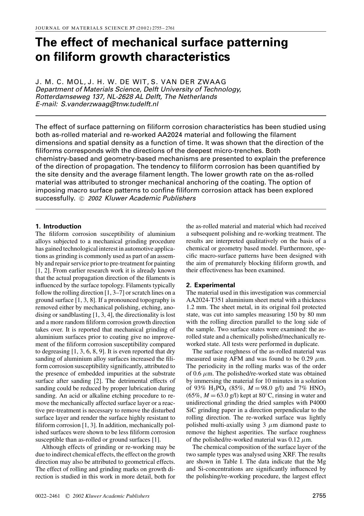 The effect of mechanical surface patterning on filiform growth characteristics by Unknown