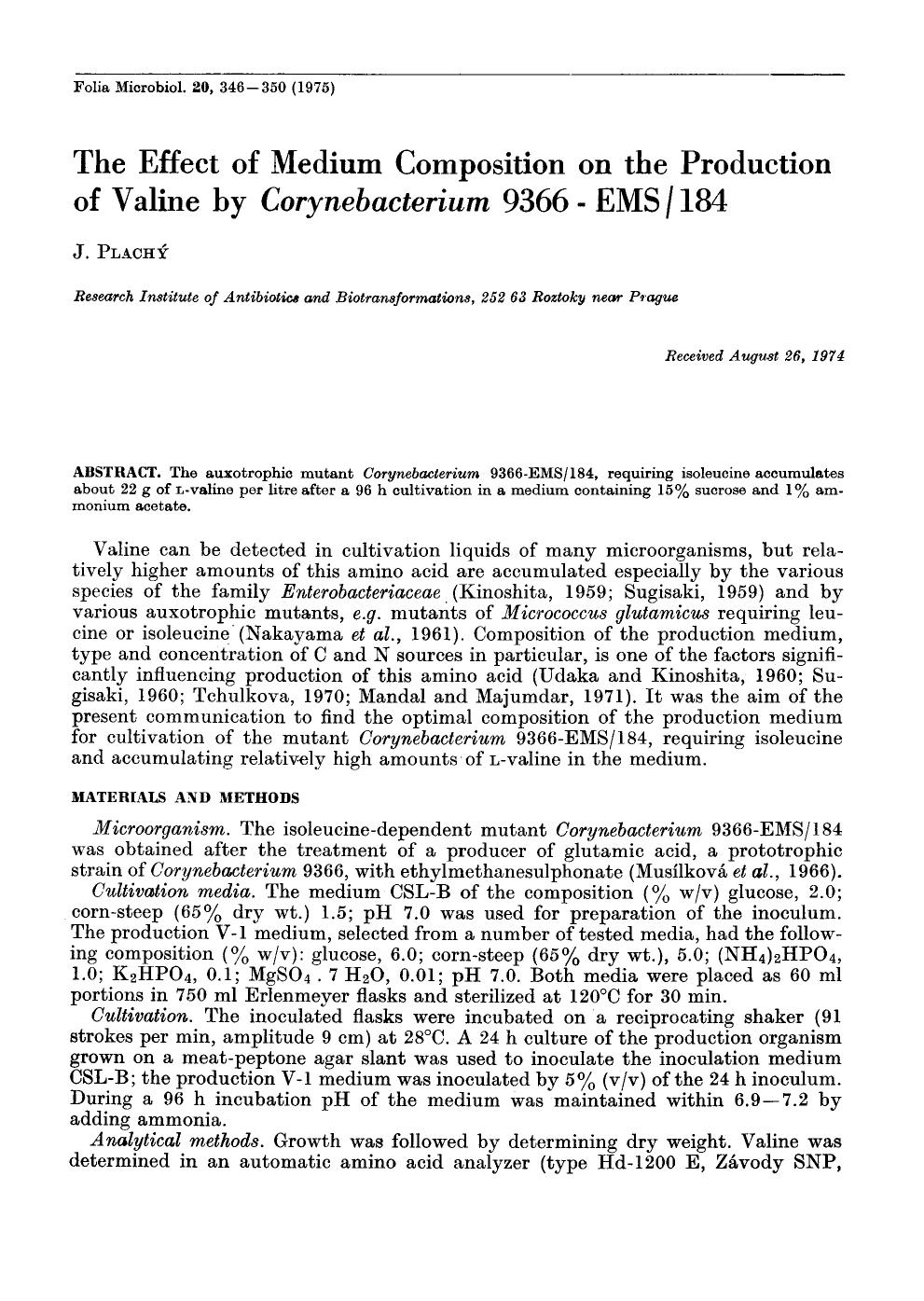 The effect of medium composition on the production of valine by <Emphasis Type="Italic">Corynebacterium <Emphasis> 9366-EMS184 by Unknown