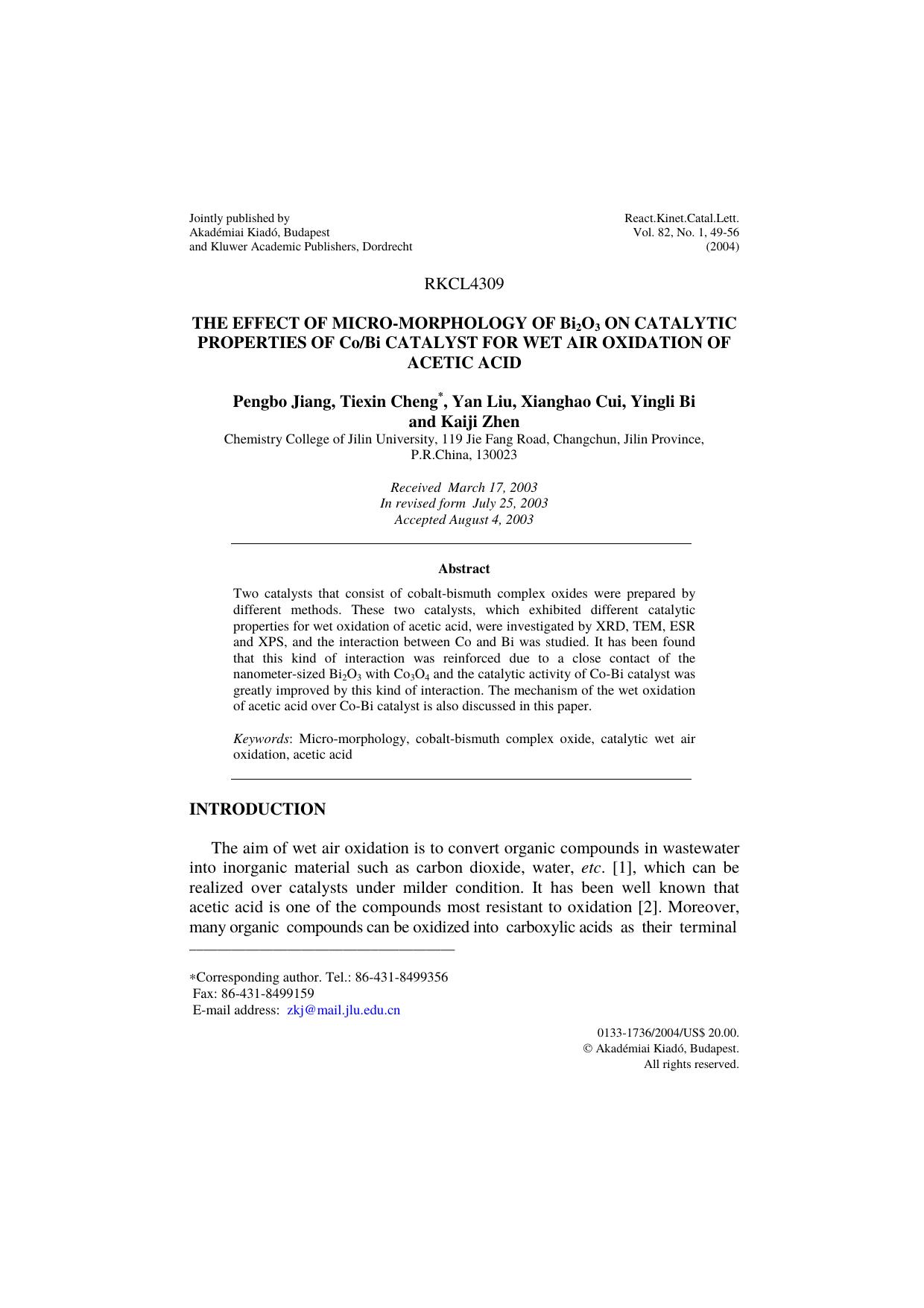 The effect of micro-morphology of Bi<Subscript>2<Subscript>O<Subscript>3<Subscript> on catalytic properties of CoBi catalyst for wet air oxidation of acetic acid by Unknown