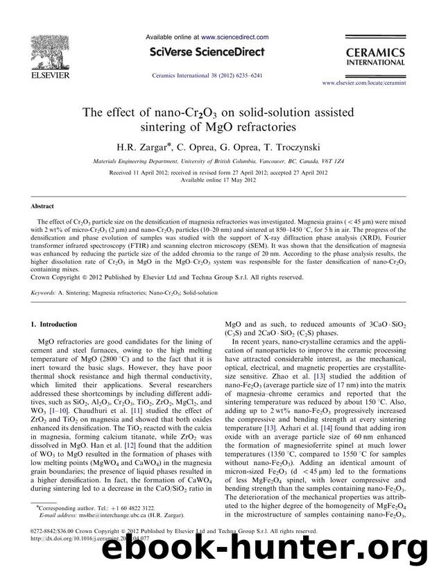 The effect of nano-Cr2O3 on solid-solution assisted sintering of MgO refractories by H.R. Zargar & C. Oprea & G. Oprea & T. Troczynski