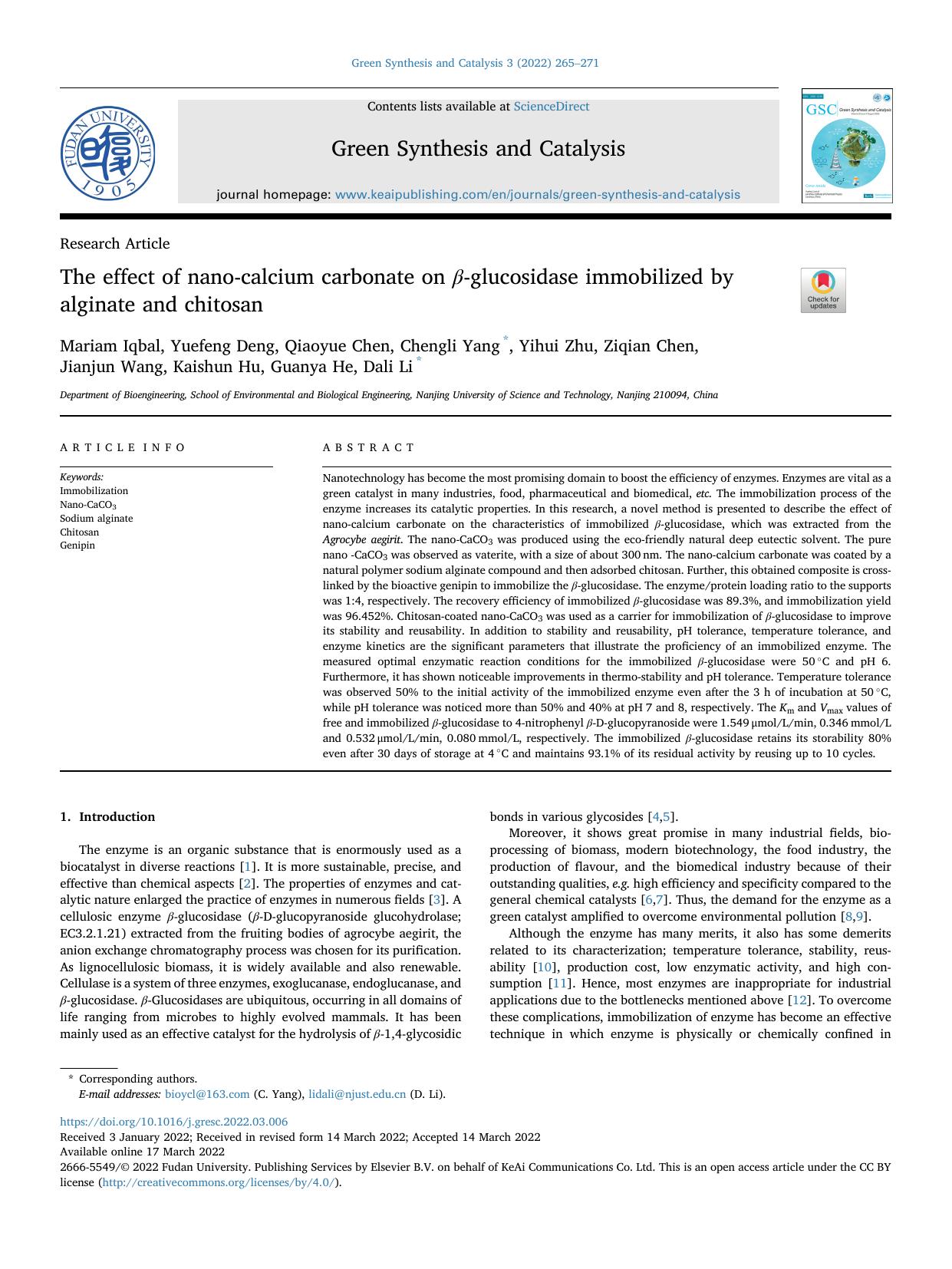The effect of nano-calcium carbonate on &beta;-glucosidase immobilized by alginate and chitosan by unknow