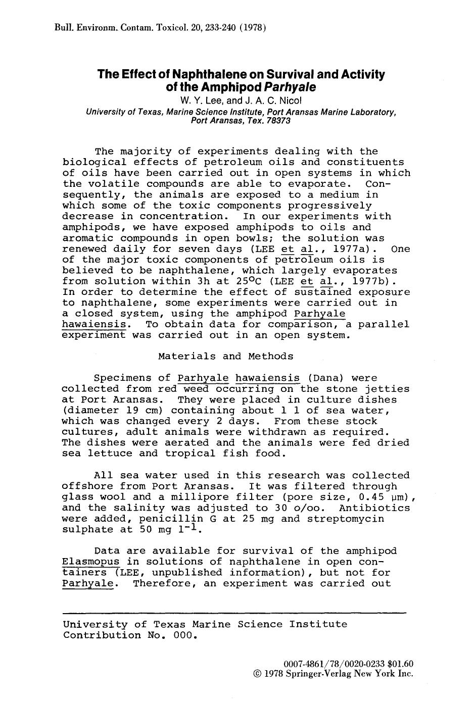 The effect of naphthalene on survival and activity of the amphipod <Emphasis Type="Italic">Parhyale <Emphasis> by Unknown