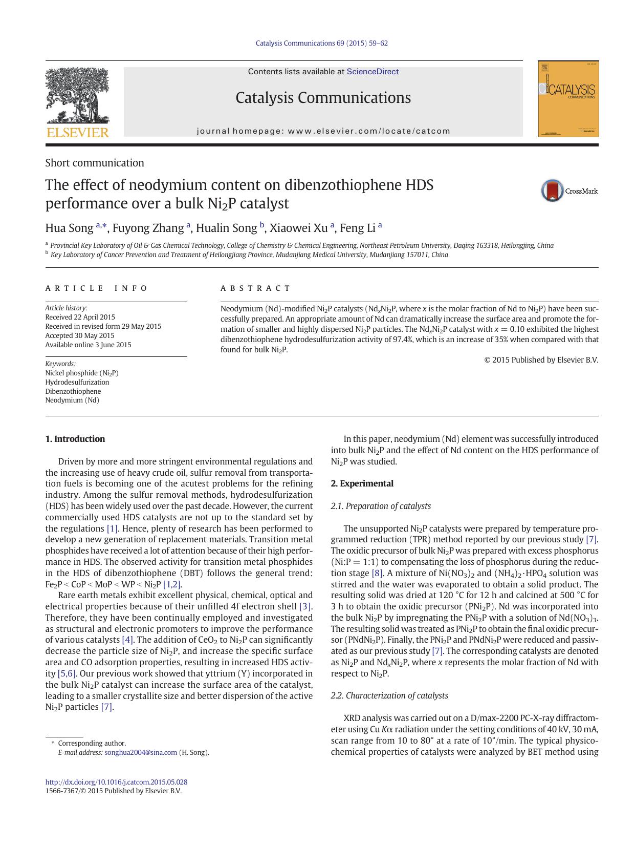 The effect of neodymium content on dibenzothiophene HDS performance over a bulk Ni2P catalyst by Hua Song & Fuyong Zhang & Hualin Song & Xiaowei Xu & Feng Li