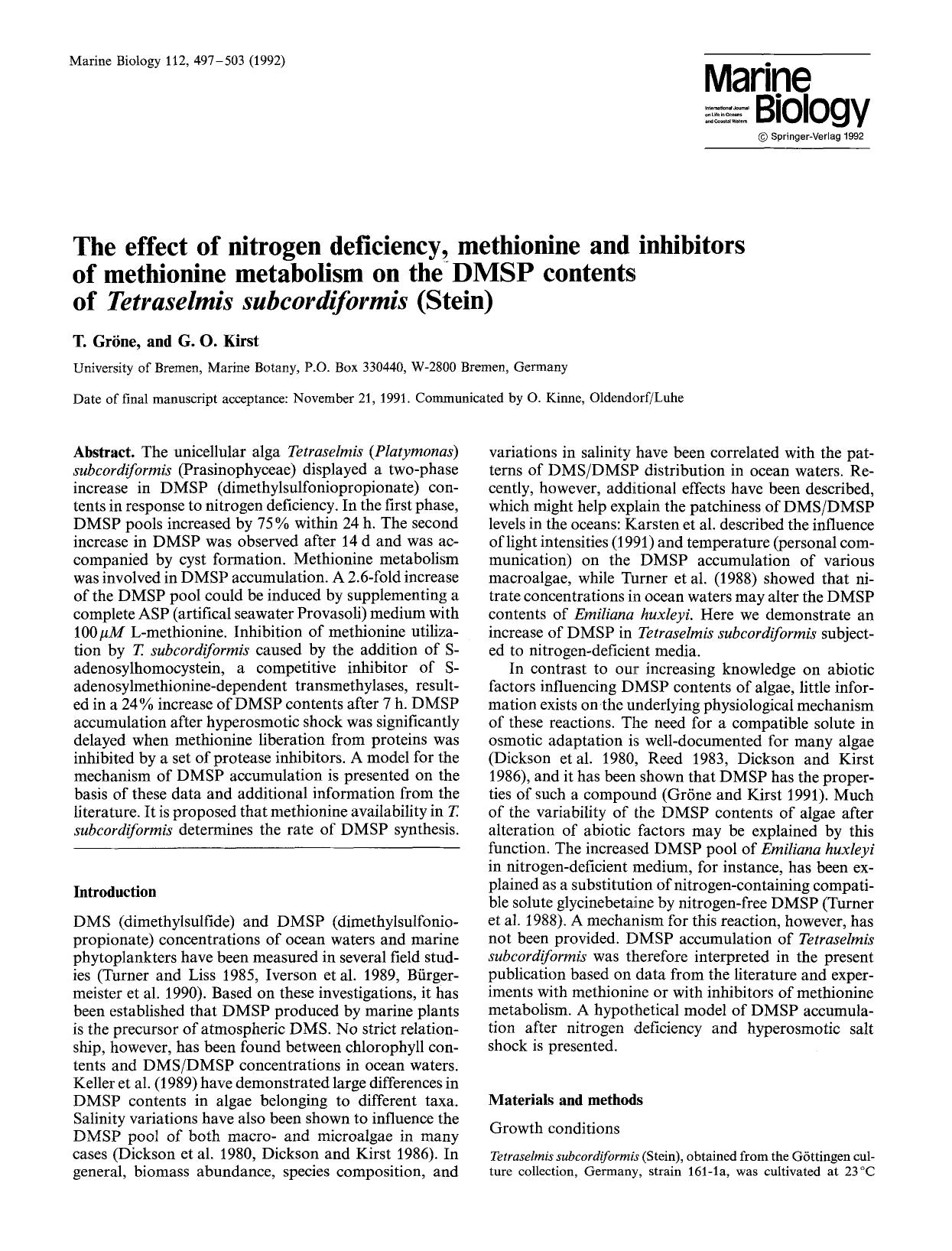 The effect of nitrogen deficiency, methionine and inhibitors of methionine metabolism on the DMSP contents of <Emphasis Type="Italic">Tetraselmis subcordiformis<Emphasis> (Stein) by Unknown