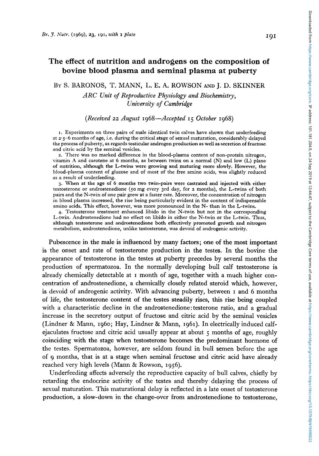 The effect of nutrition and androgens on the composition of bovine blood plasma and seminal plasma at puberty by S. Baronos T. Mann L. E. A. Rowson J. D. Skinner