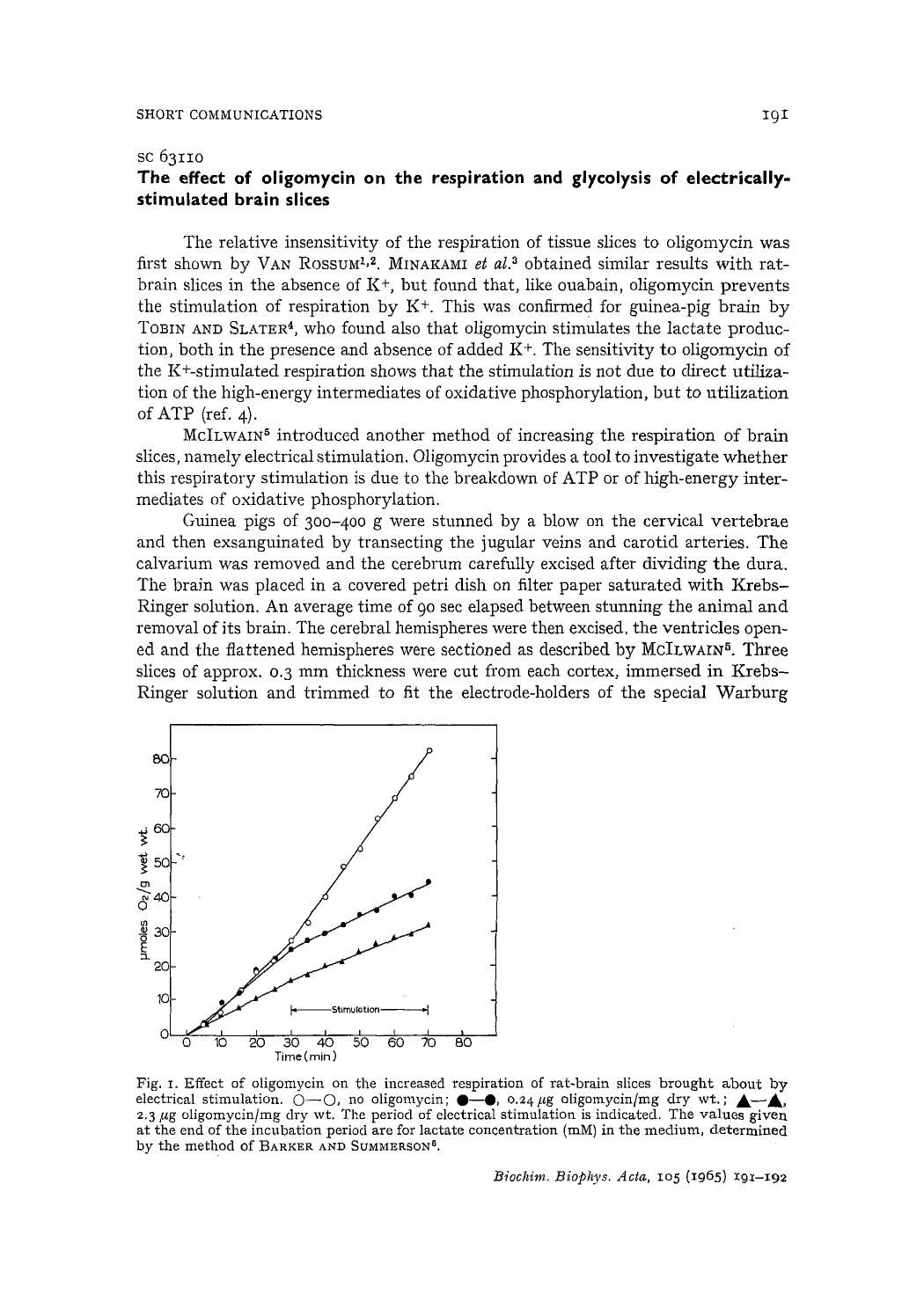 The effect of oligomycin on the respiration and glycolysis of electrically-stimulated brain slices by R.B. Tobin; H. McIlwain