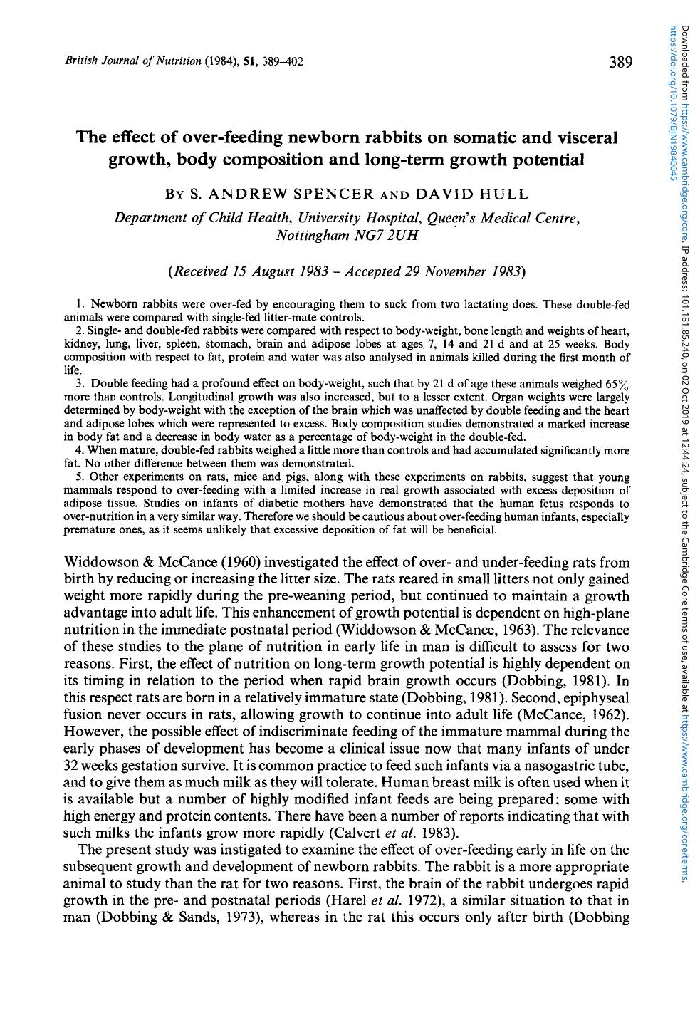 The effect of over-feeding newborn rabbits on somatic and visceral growth, body composition and long-term growth potential by S. Andrew Spencer David Hull