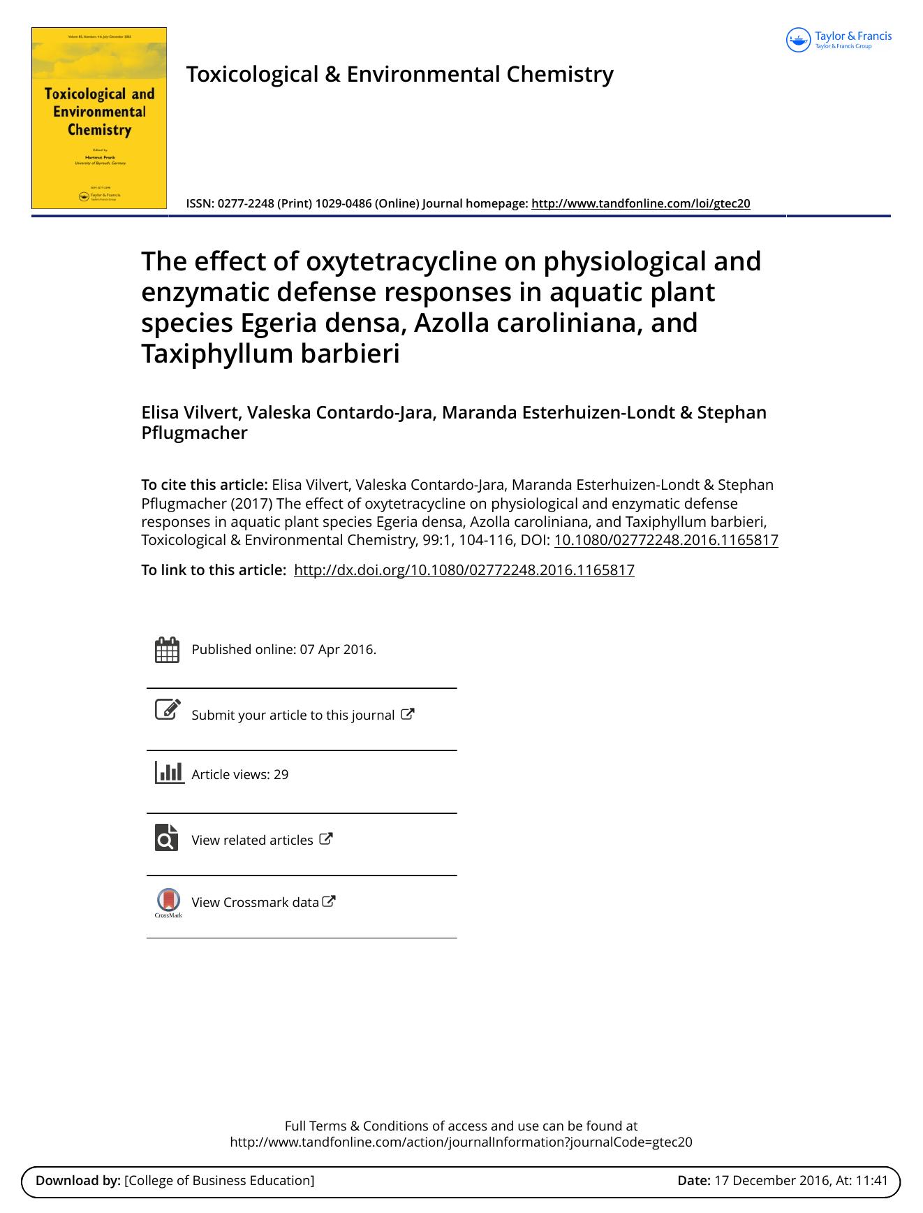 The effect of oxytetracycline on physiological and enzymatic defense responses in aquatic plant species Egeria densa, Azolla caroliniana, and Taxiphyllum barbieri by Elisa Vilvert & Valeska Contardo-Jara & Maranda Esterhuizen-Londt & Stephan Pflugmacher