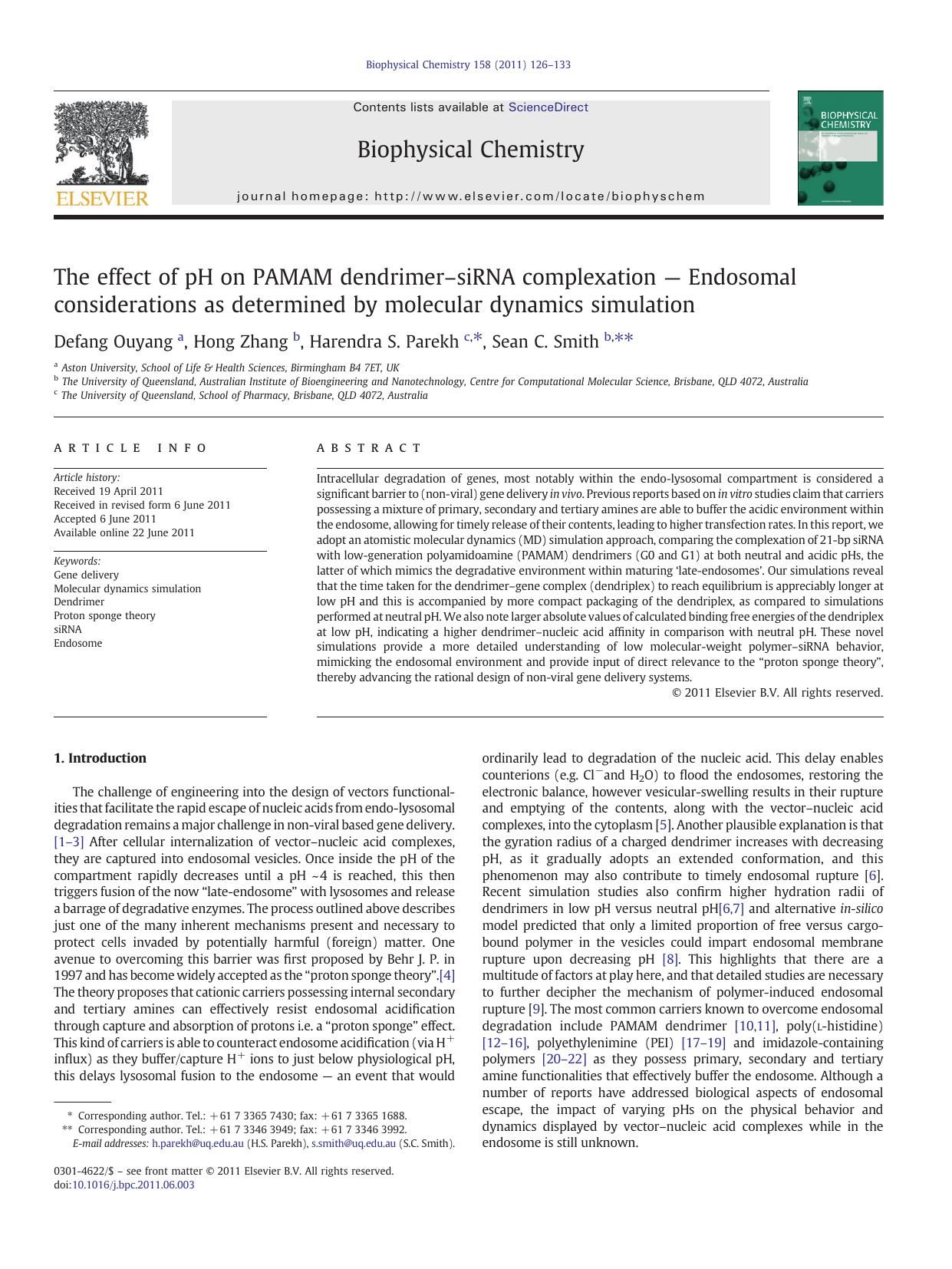 The effect of pH on PAMAM dendrimerâsiRNA complexation â Endosomal considerations as determined by molecular dynamics simulation by Defang Ouyang & Hong Zhang & Harendra S. Parekh & Sean C. Smith