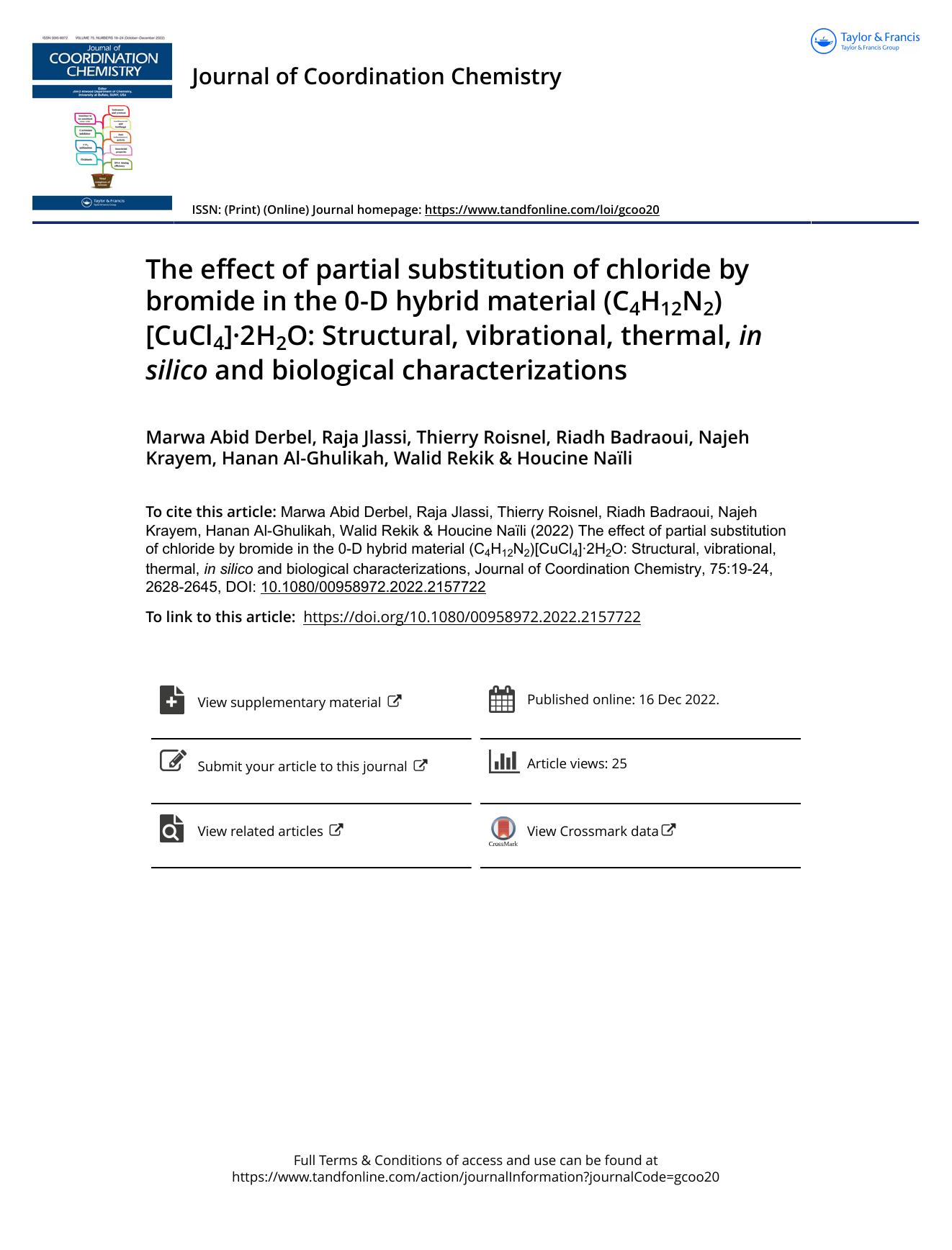 The effect of partial substitution of chloride by bromide in the 0-D hybrid material (C4H12N2)[CuCl4]Â·2H2O: Structural, vibrational, thermal, in silico and biological characterizations by unknow