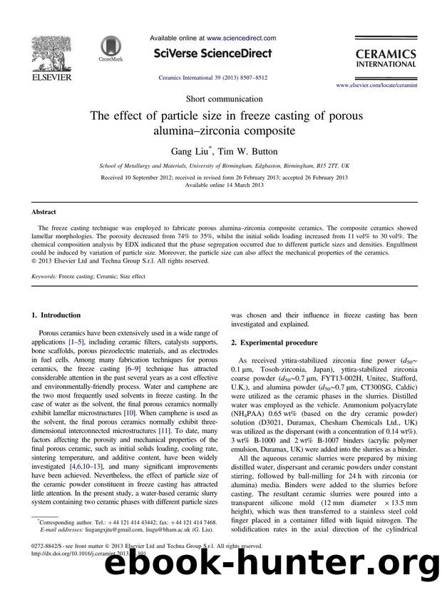The effect of particle size in freeze casting of porous aluminaâzirconia composite by Gang Liu & Tim W. Button