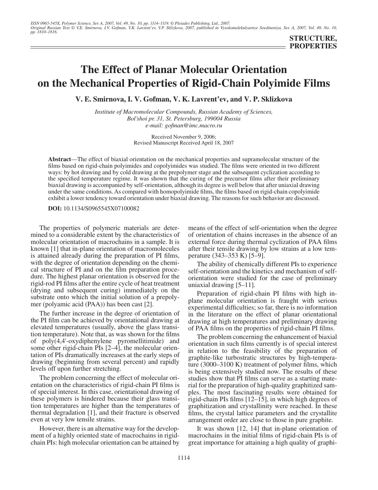 The effect of planar molecular orientation on the mechanical properties of rigid-chain polymide films by Unknown