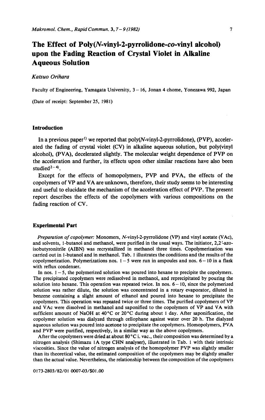The effect of poly(N-vinyl-2-pyrrolidone-co-vinyl alcohol) upon the fading reaction of crystal violet in alkaline aqueous solution by Unknown