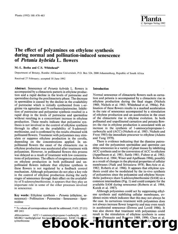 The effect of polyamines on ethylene synthesis during normal and pollination-induced senescence of <Emphasis Type="Italic">Petunia hybrida<Emphasis> L. flowers by Unknown