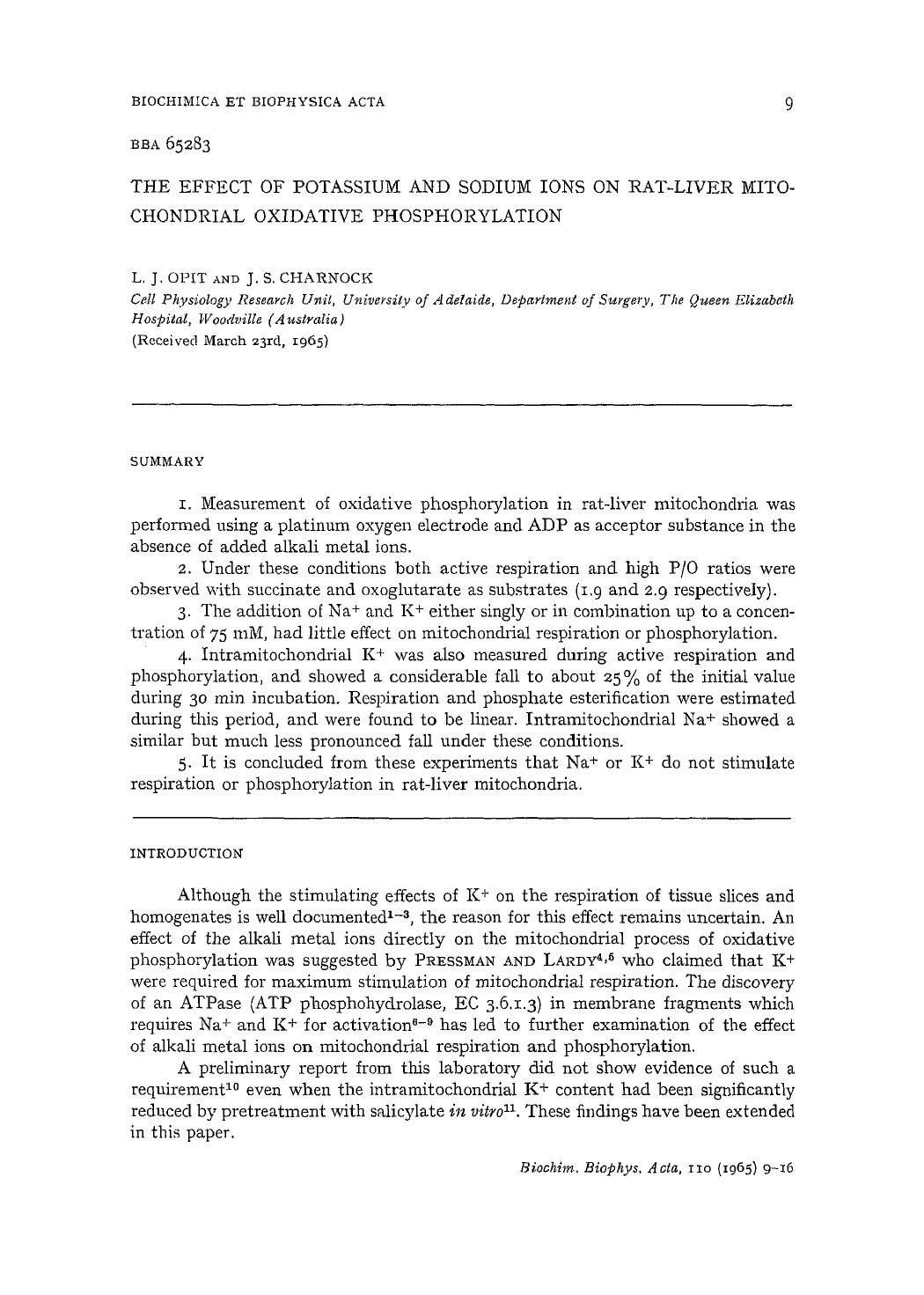 The effect of potassium and sodium ions on rat-liver mitochondrial oxidative phosphorylation by L.J. Opit; J.S. Charnock
