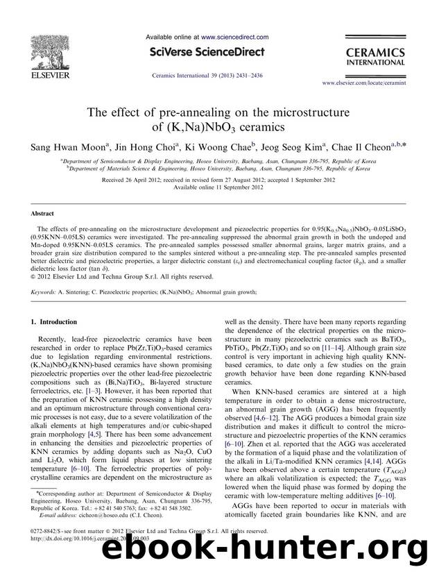 The effect of pre-annealing on the microstructure of (K,Na)NbO3 ceramics by Sang Hwan Moon & Jin Hong Choi & Ki Woong Chae & Jeog Seog Kim & Chae Il Cheon