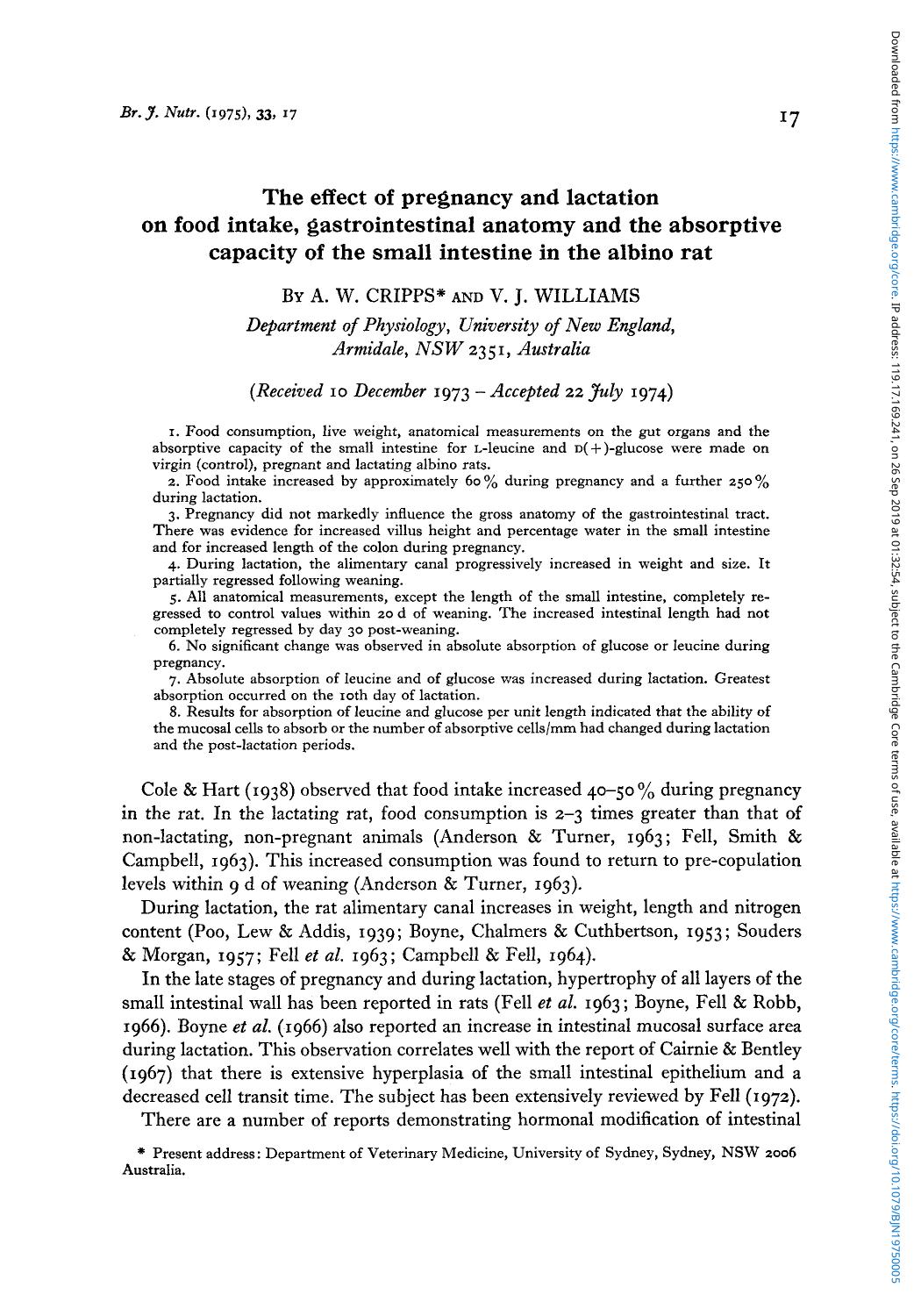 The effect of pregnancy and lactation on food intake, gastrointestinal anatomy and the absorptive capacity of the small intestine in the albino rat by A. W. Cripps & V. J. Williams