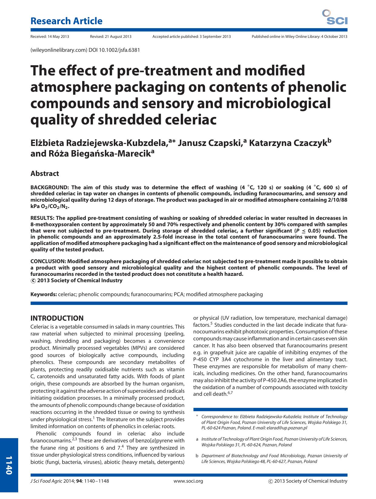 The effect of pretreatment and modified atmosphere packaging on contents of phenolic compounds and sensory and microbiological quality of shredded celeriac by Unknown