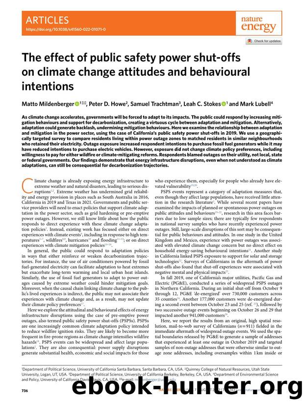 The effect of public safety power shut-offs on climate change attitudes and behavioural intentions by Matto Mildenberger & Peter D. Howe & Samuel Trachtman & Leah C. Stokes & Mark Lubell