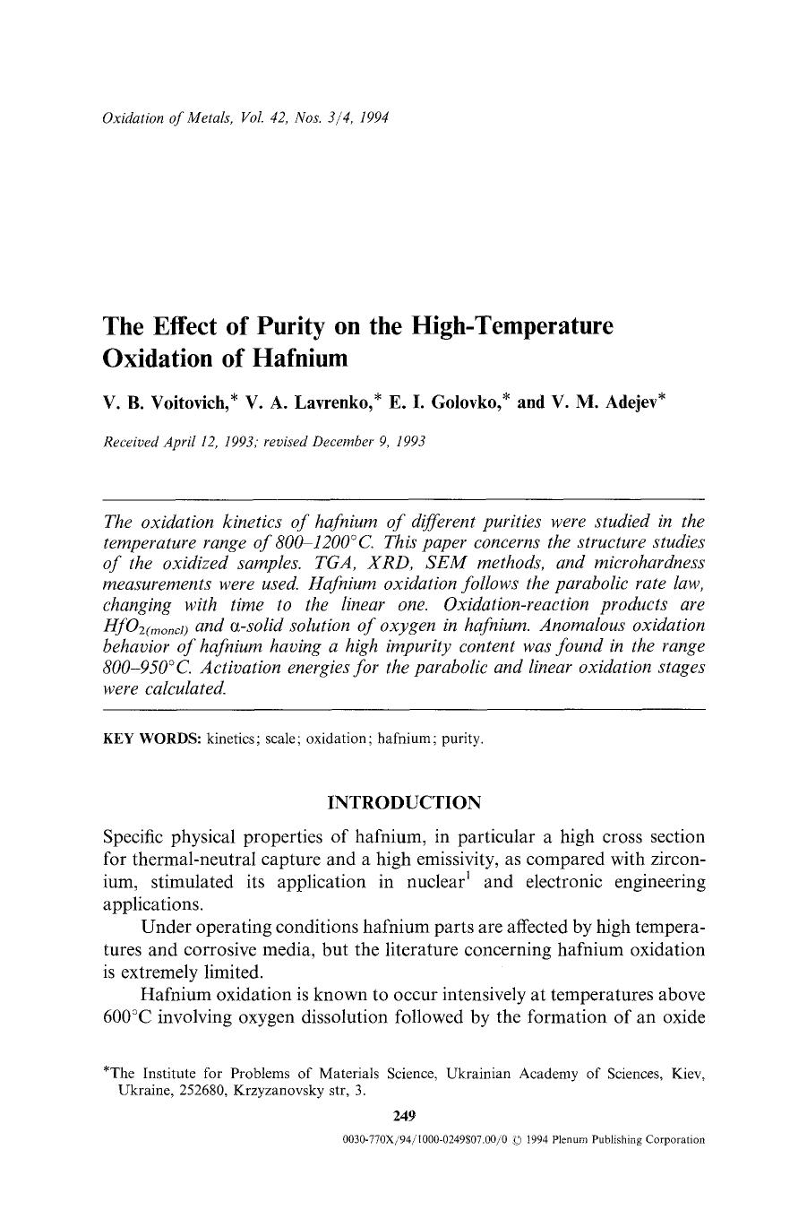 The effect of purity on the high-temperature oxidation of hafnium by Unknown