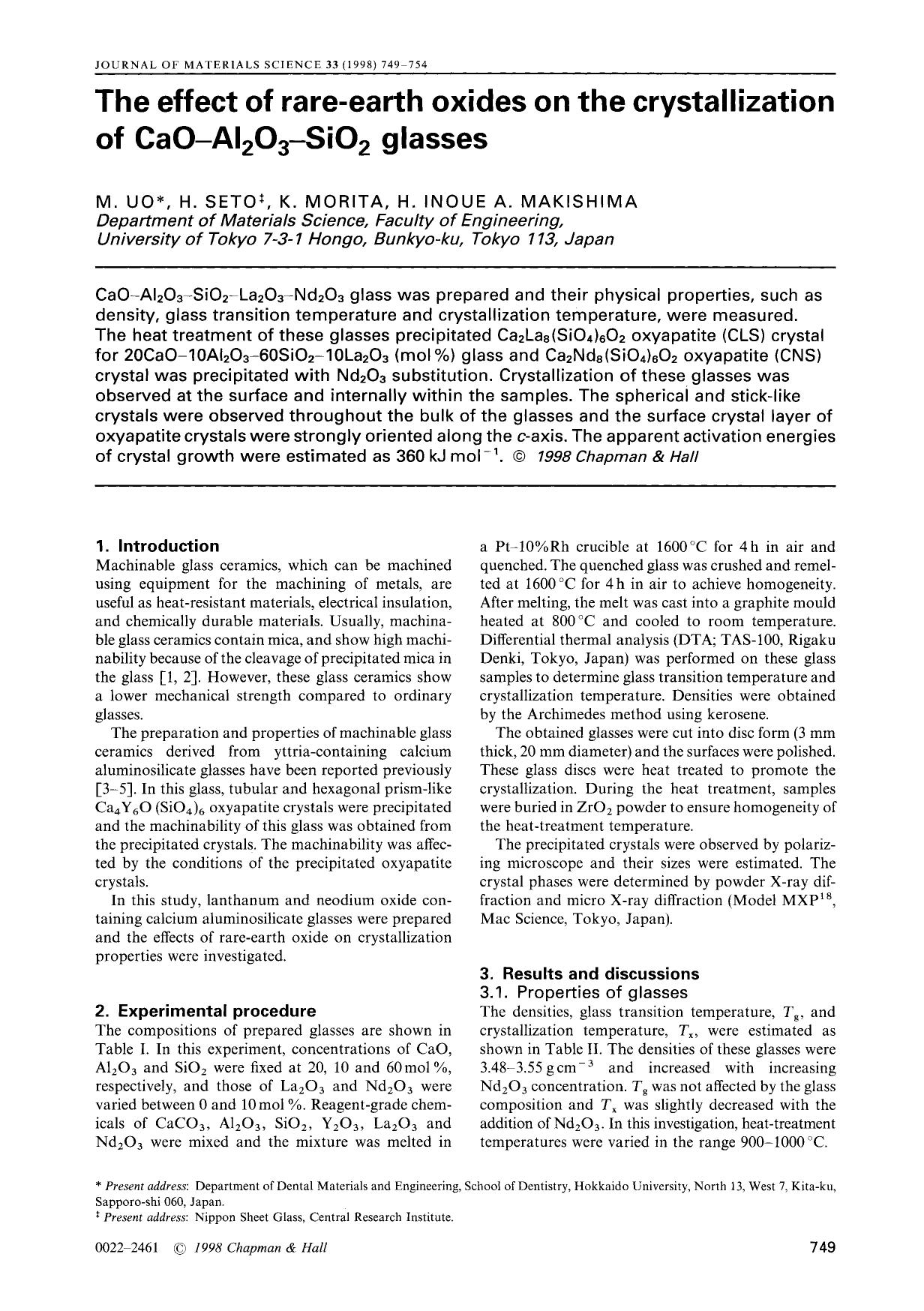 The effect of rare-earth oxides on the crystallization of CaO–Al2O3–SiO2 glasses by Unknown