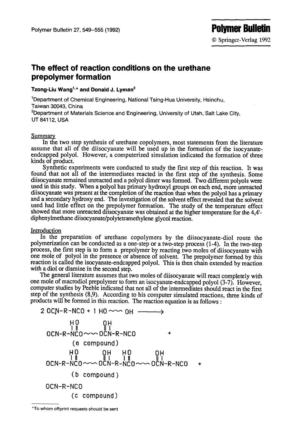 The effect of reaction conditions on the urethane prepolymer formation by Unknown