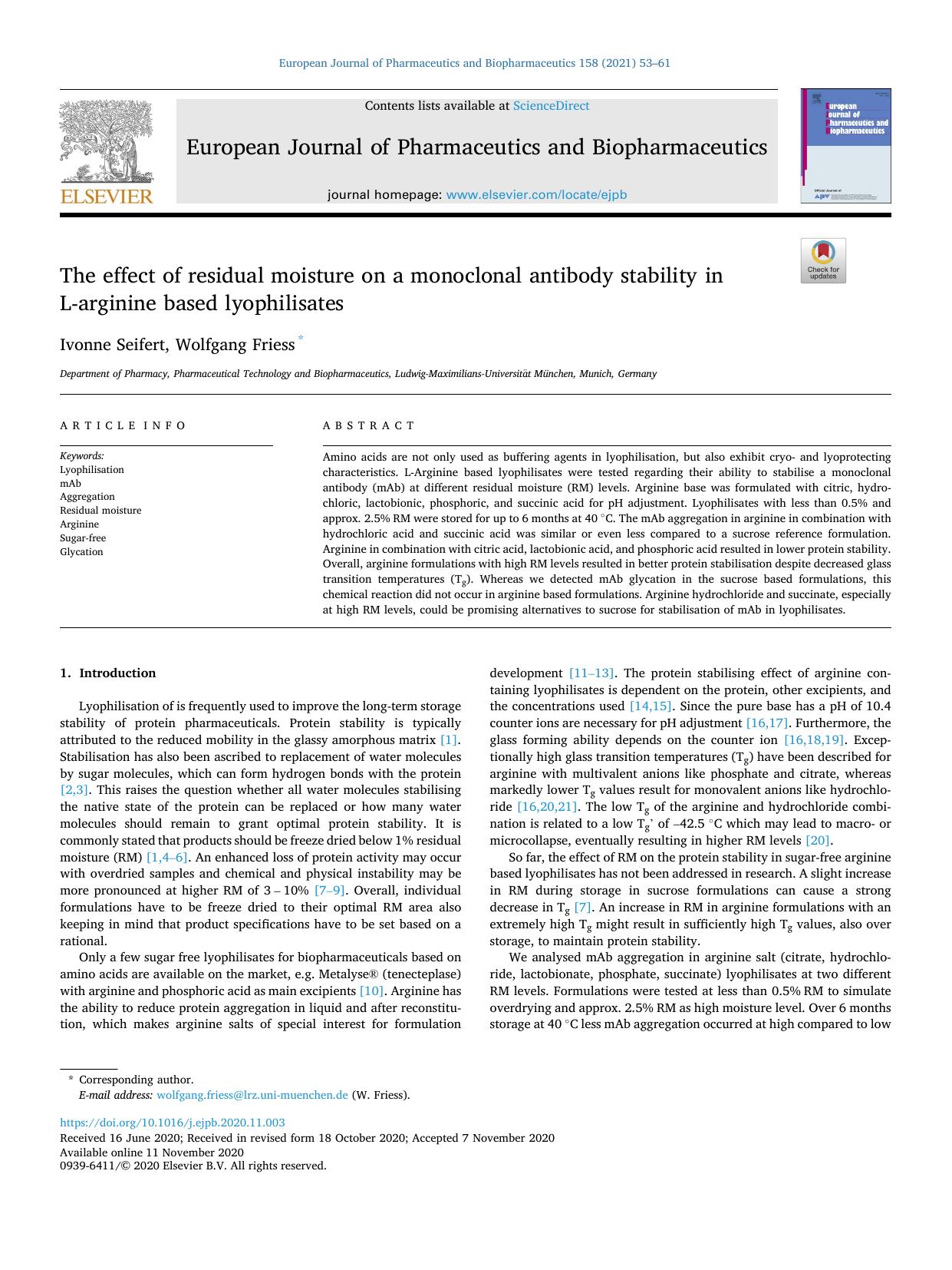 The effect of residual moisture on a monoclonal antibody stability in L-arginine based lyophilisates by Ivonne Seifert & Wolfgang Friess