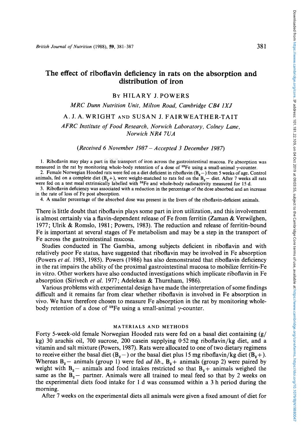 The effect of riboflavin deficiency in rats on the absorption and distribution of iron by Hilary J. Powers A. J. A. Wright & Susan J. Fairweather-tait
