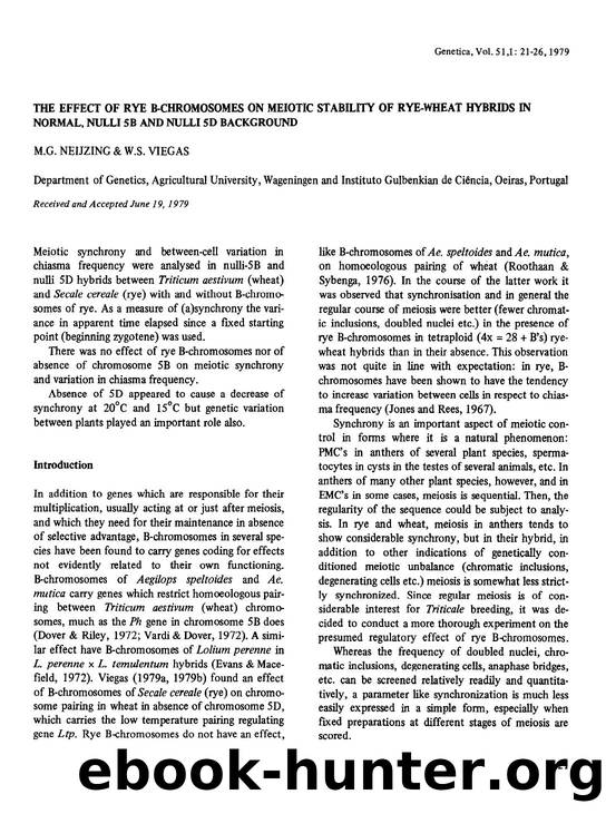 The effect of rye B-chromosomes on meiotic stability of rye-wheat hybrids in normal, nulli 5B and nulli 5D background by Unknown