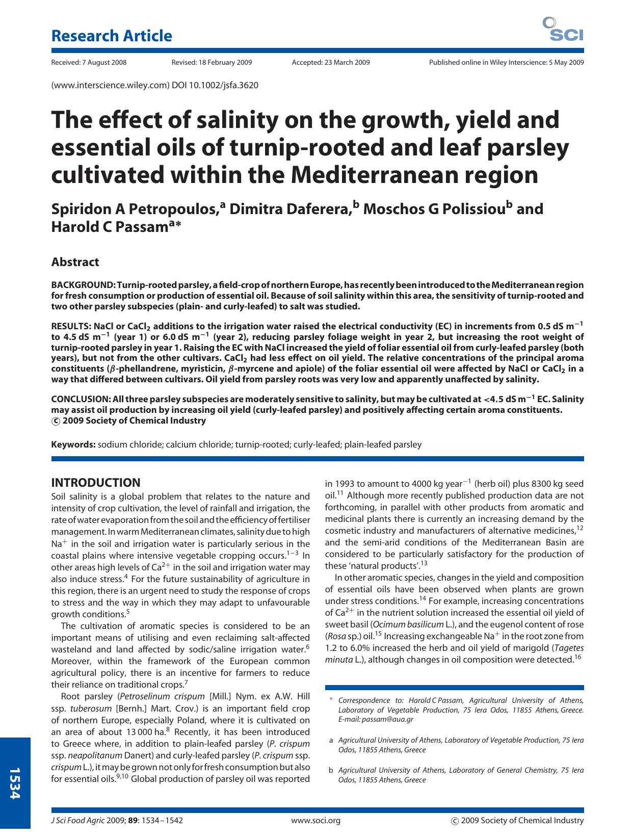 The effect of salinity on the growth, yield and essential oils of turnip-rooted and leaf parsley cultivated within the Mediterranean region by Unknown