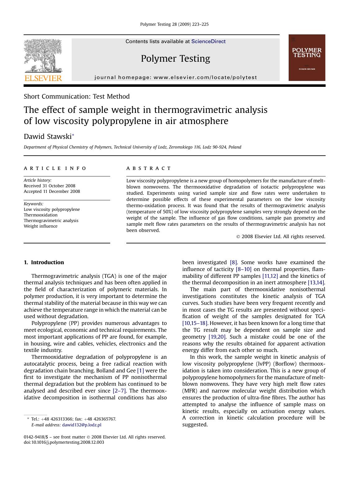 The effect of sample weight in thermogravimetric analysis of low viscosity polypropylene in air atmosphere by Dawid Stawski