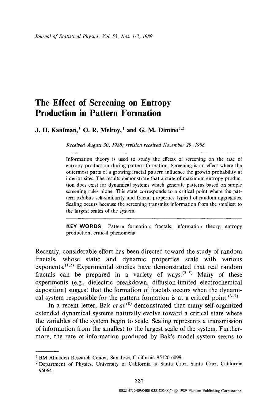 The effect of screening on entropy production in pattern formation by Unknown