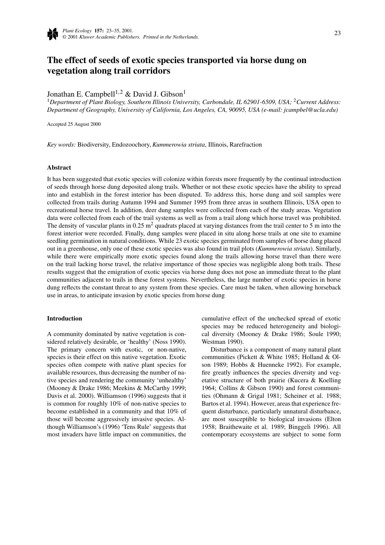 The effect of seeds of exotic species transported via horse dung on vegetation along trail corridors by Unknown