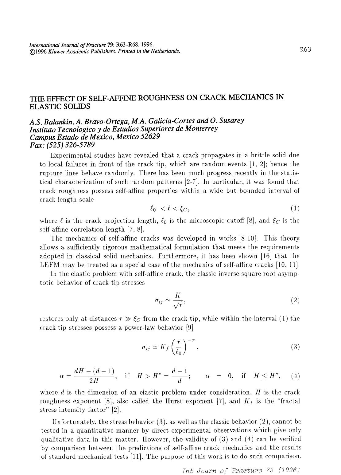 The effect of self-affine roughness on crack mechanics in elastic solids by Unknown