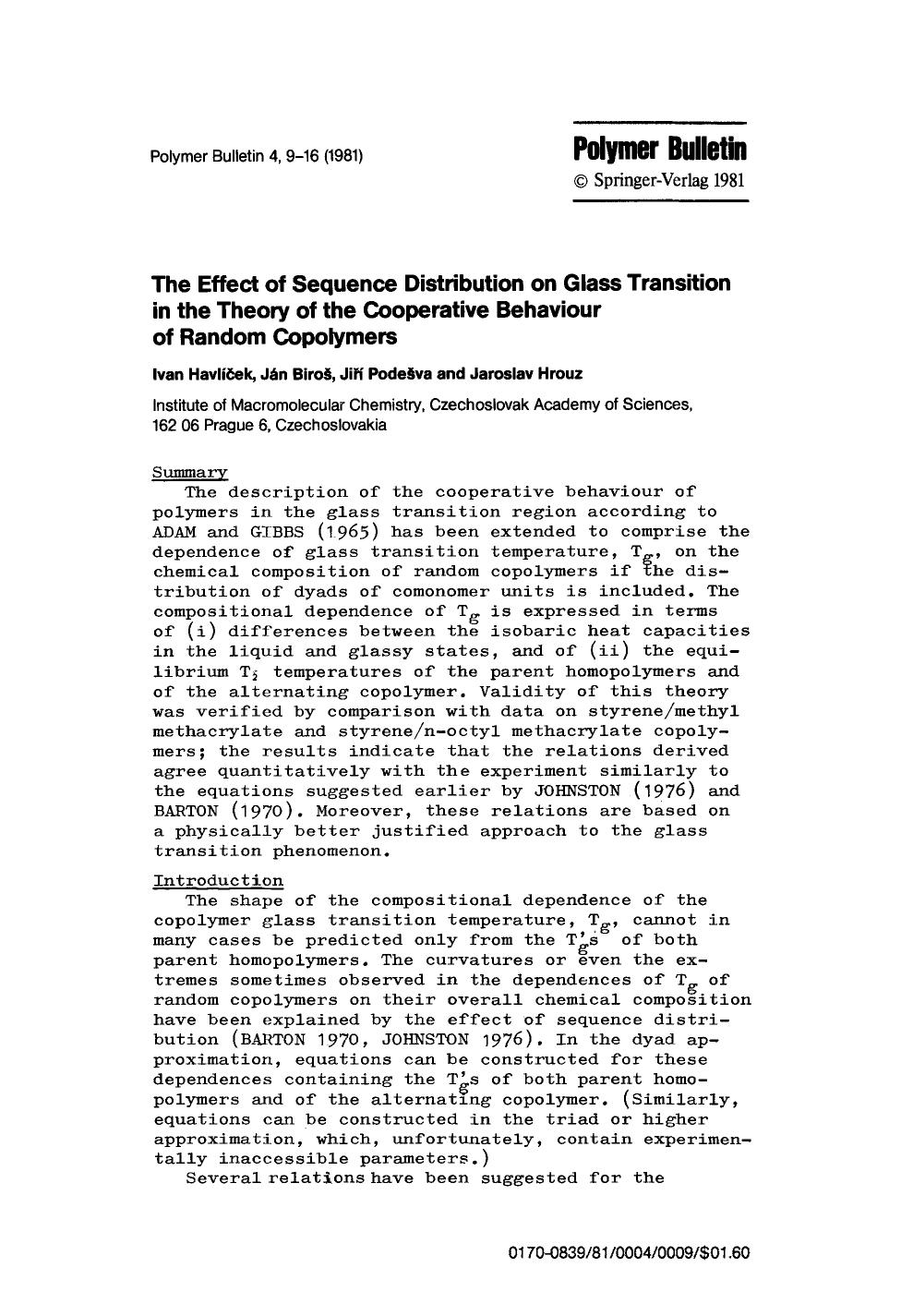 The effect of sequence distribution on glass transition in the theory of the cooperative Behaviour of random copolymers by Unknown