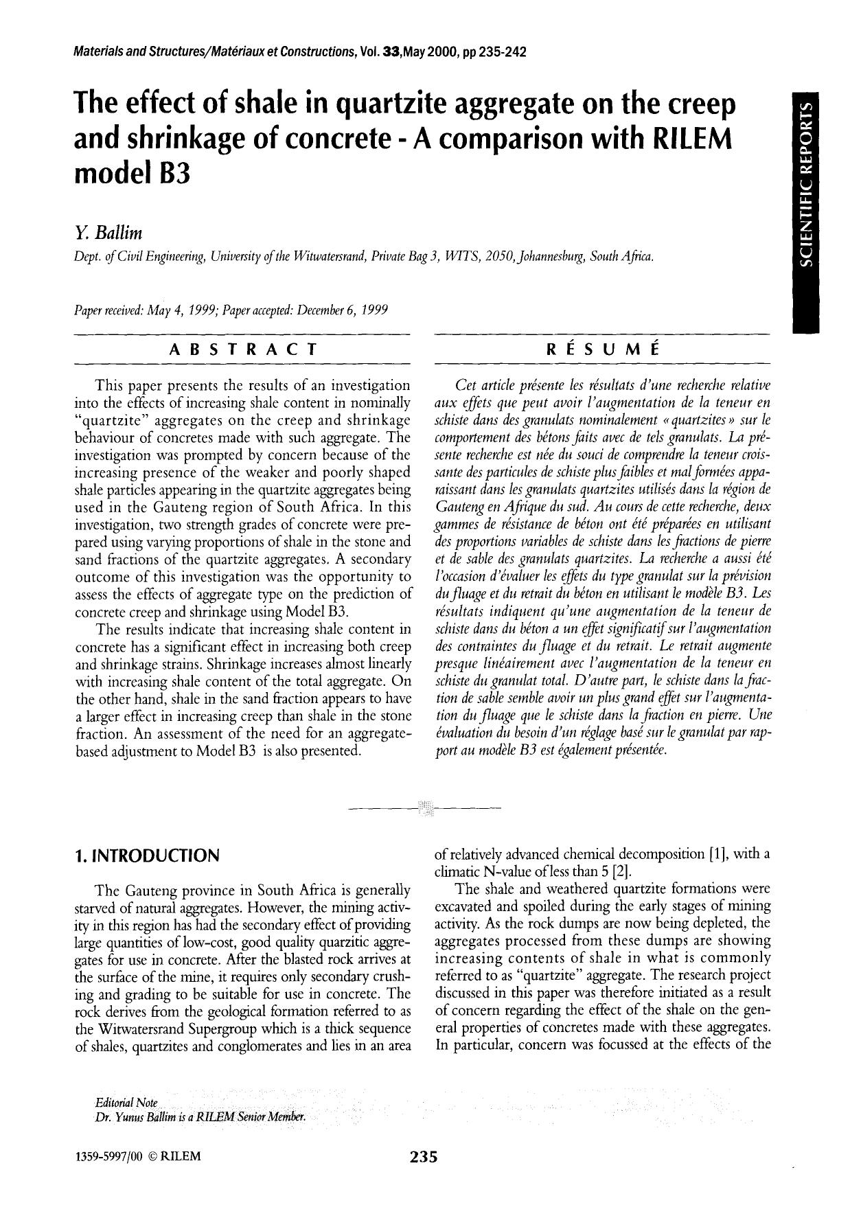 The effect of shale in quartzite aggregate on the creep and shrinkage of concrete—A comparison with RILEM model B3 by Unknown