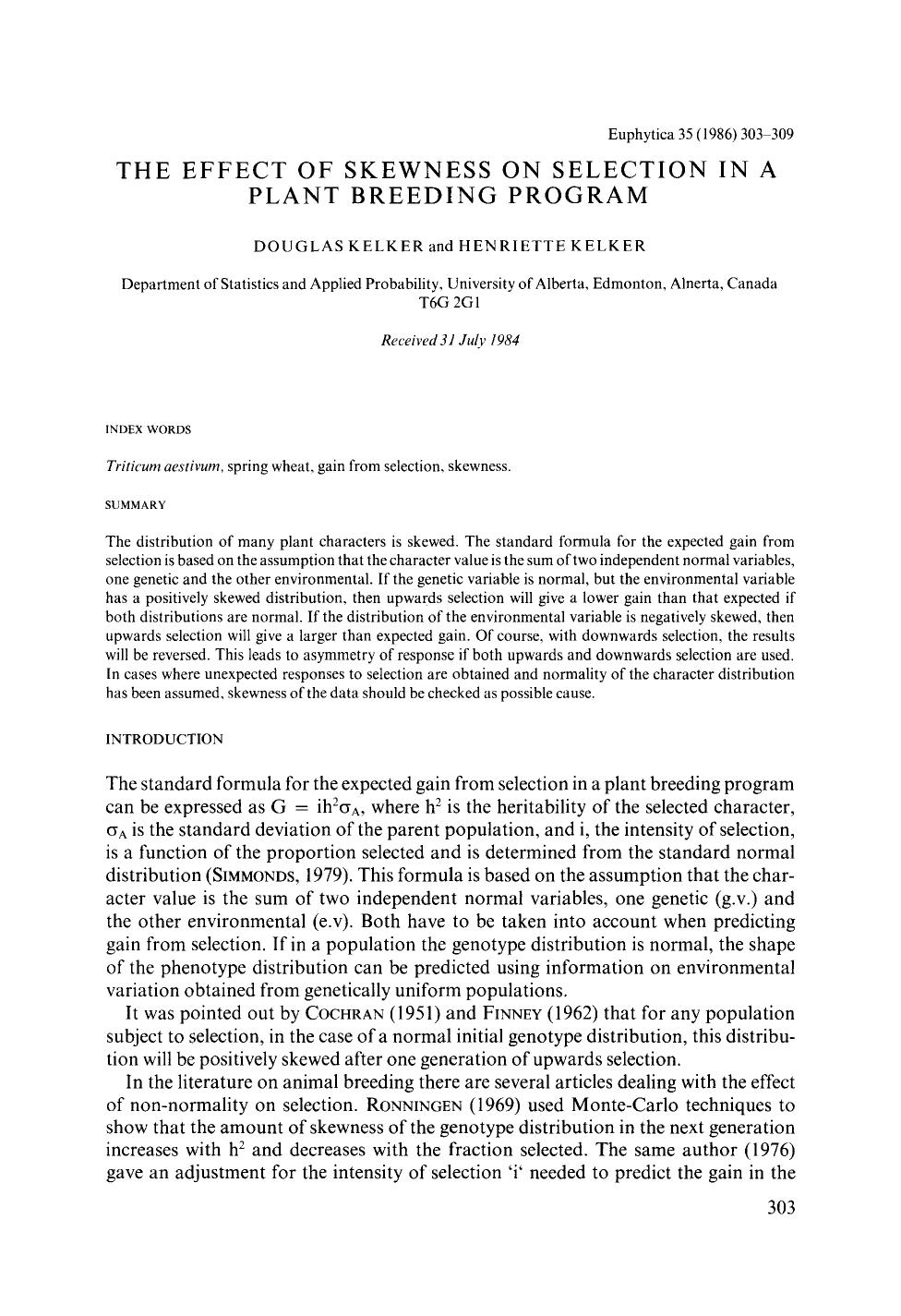 The effect of skewness on selection in a plant breeding program by Unknown