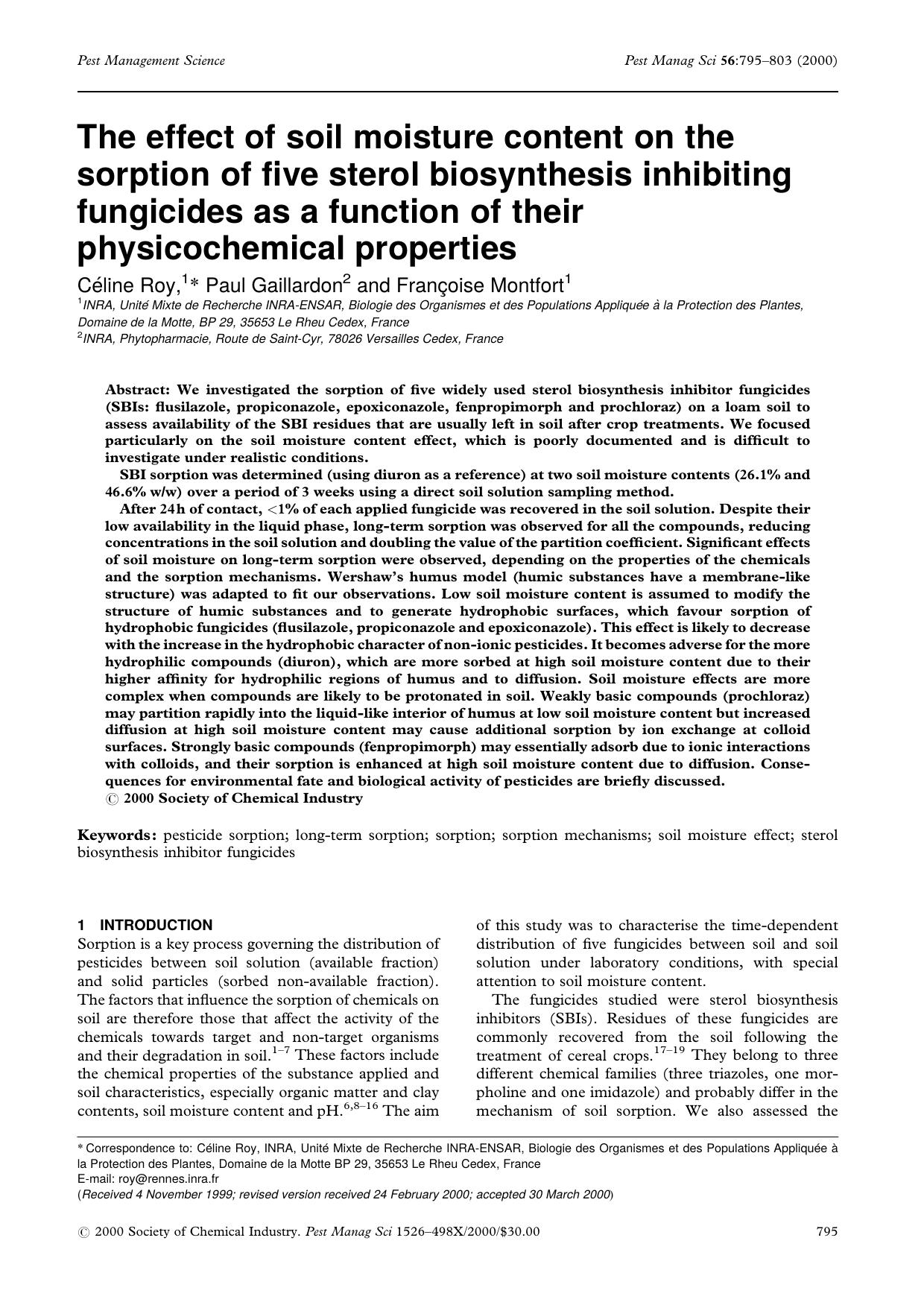 The effect of soil moisture content on the sorption of five sterol biosynthesis inhibiting fungicides as a function of their physicochemical properties by Unknown