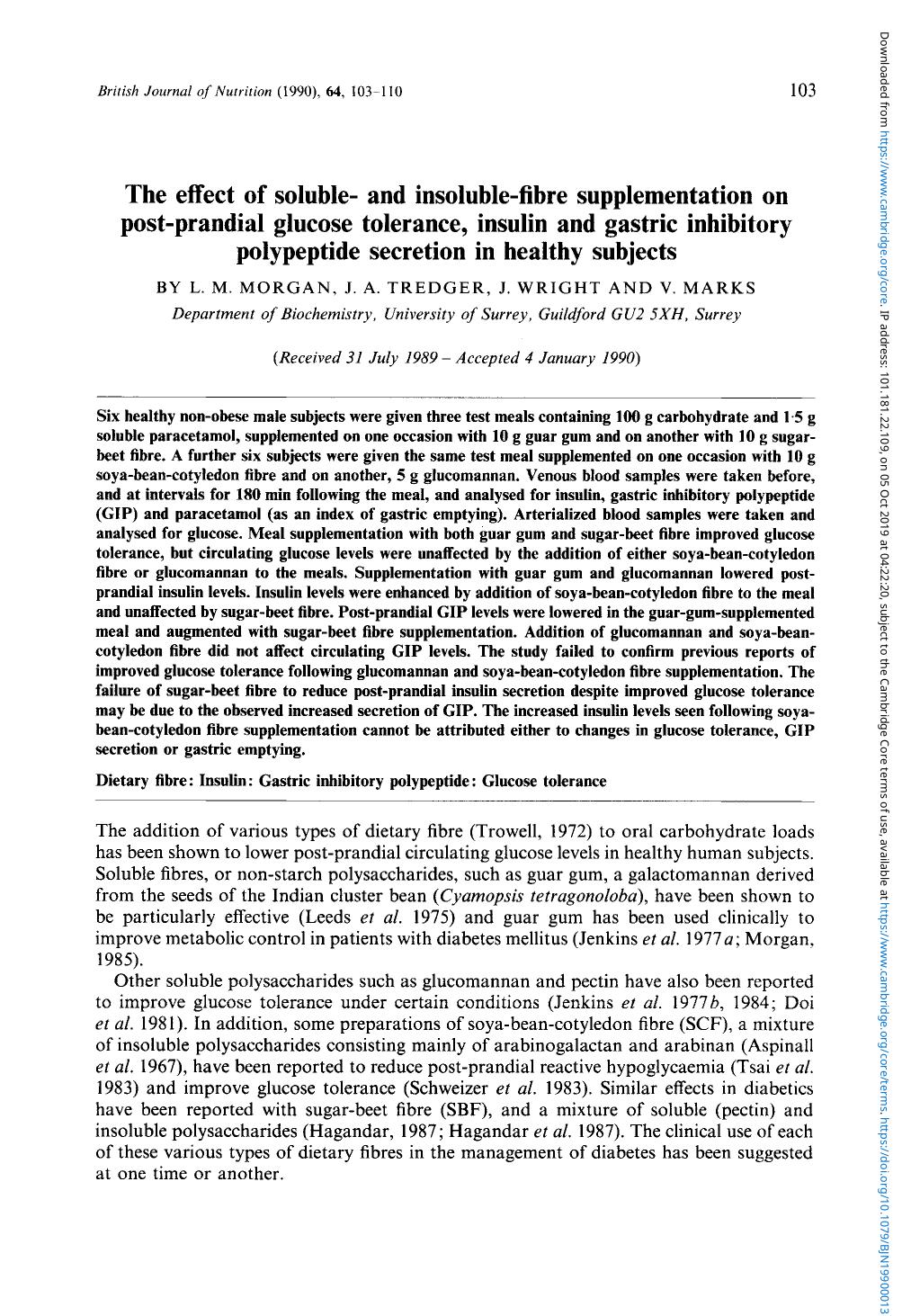 The effect of soluble- and insoluble-fibre supplementation on post-prandial glucose tolerance, insulin and gastric inhibitory polypeptide secretion in healthy subjects by L. M. Morgan J. A. Tredger J. Wright & V. Marks