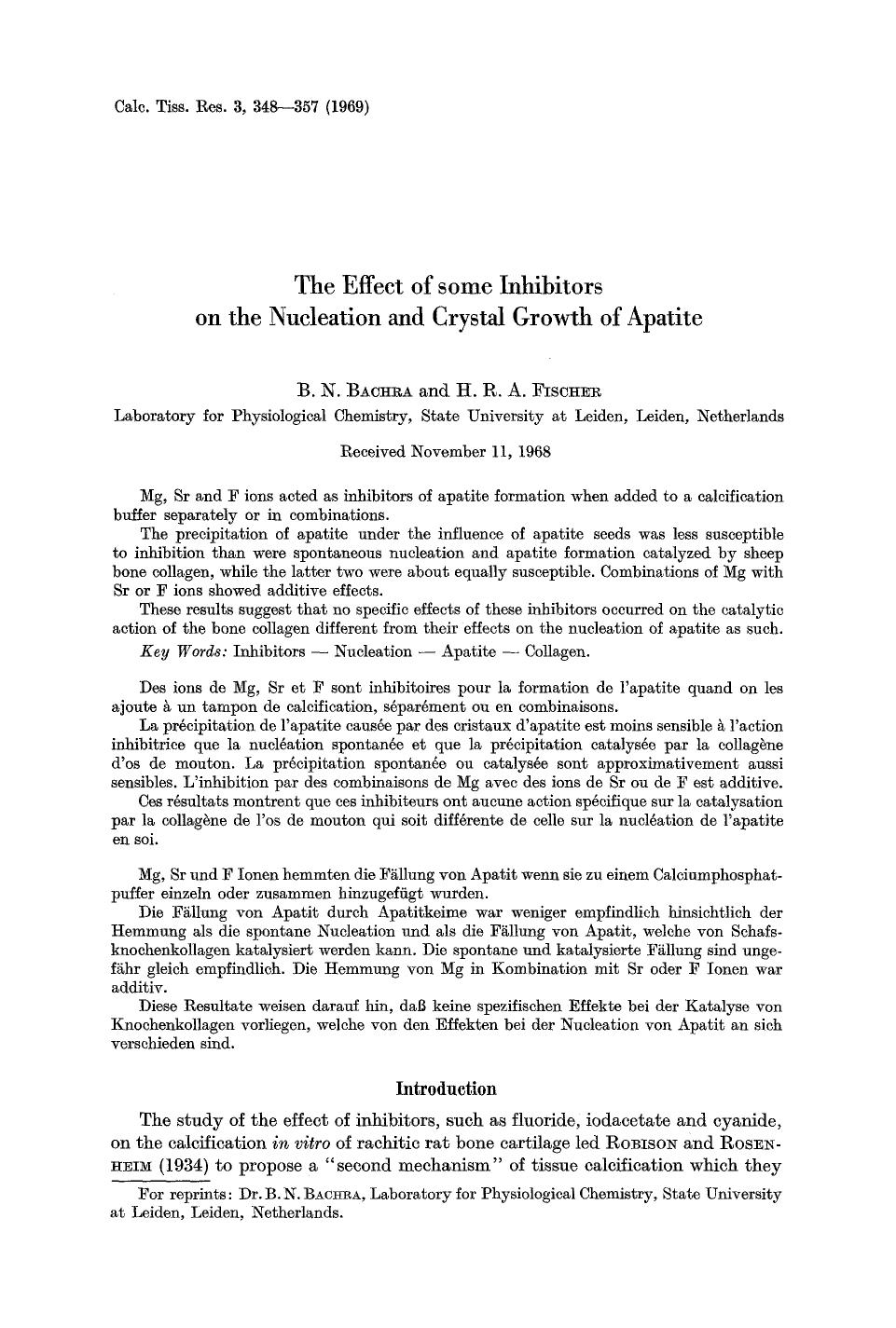 The effect of some inhibitors on the nucleation and crystal growth of apatite by Unknown