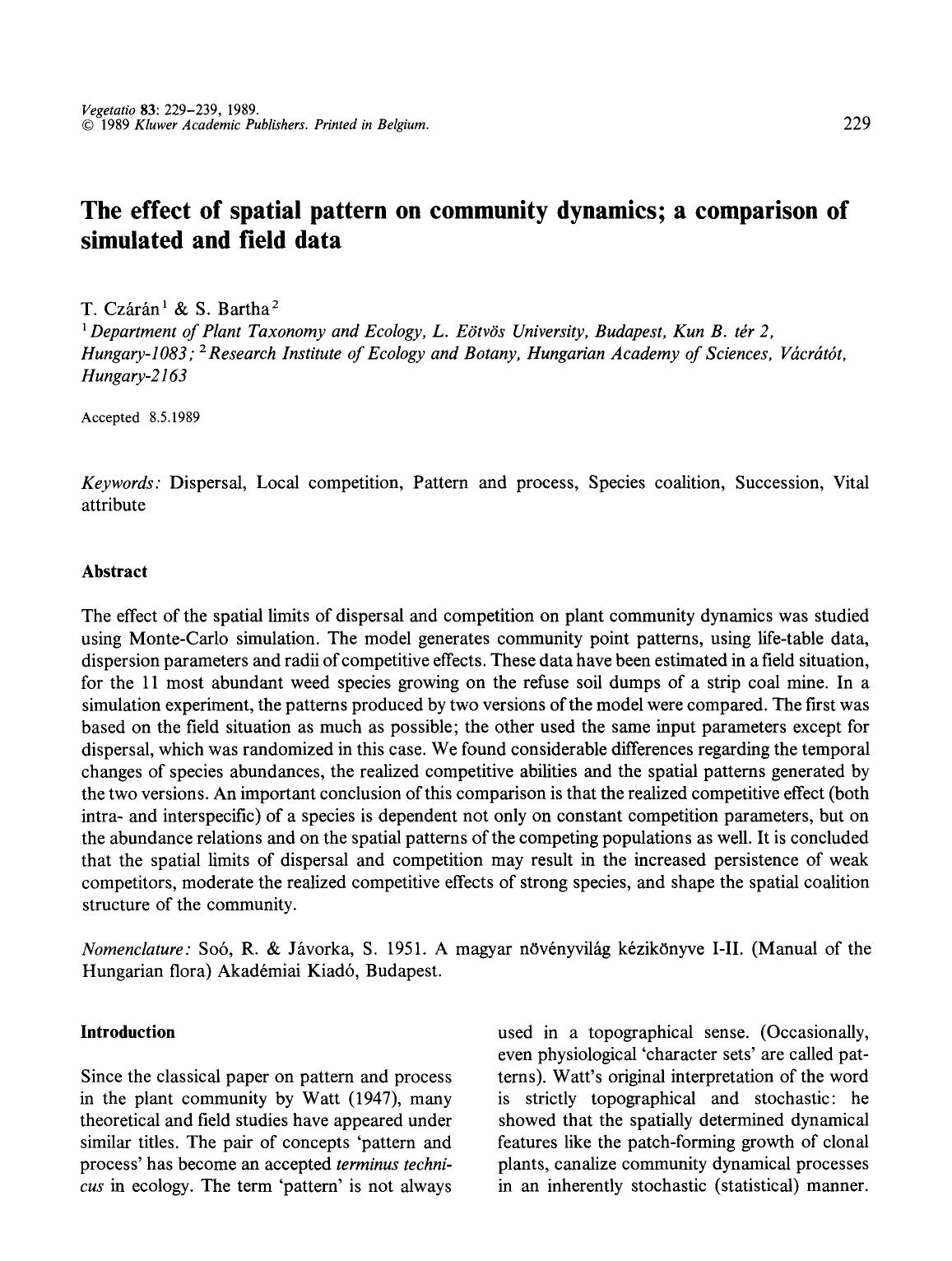 The effect of spatial pattern on community dynamics; a comparison of simulated and field data by Unknown