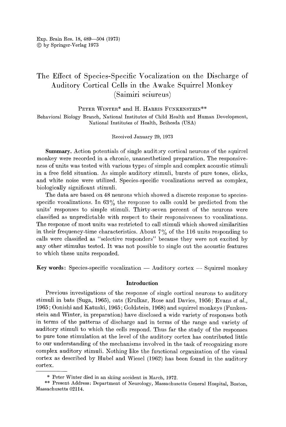 The effect of species-specific vocalization on the discharge of auditory cortical cells in the awake squirrel monkey (Saimiri sciureus) by Unknown